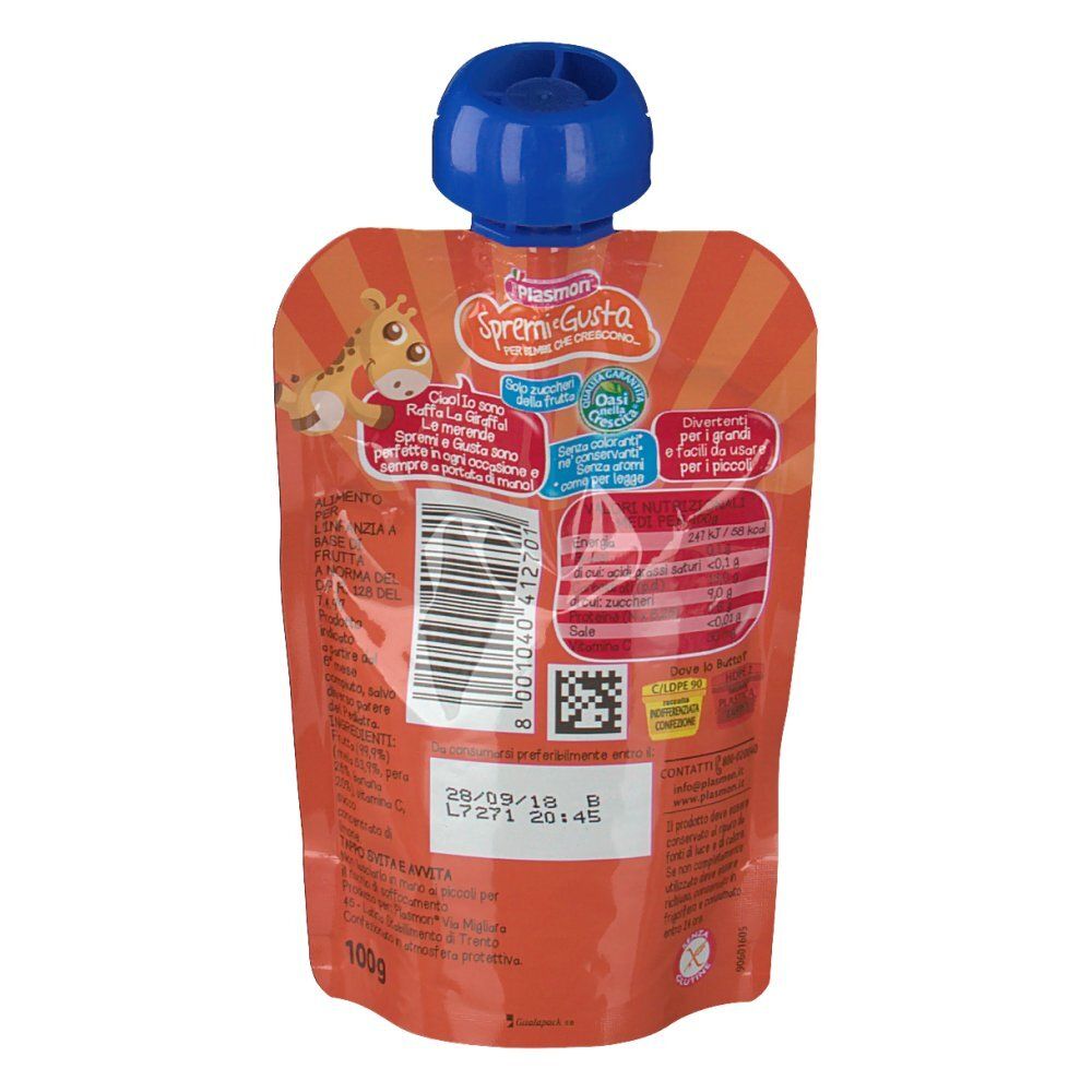 Rückseite der Fruchtmischungs-Verpackung. Orangefarben mit Barcode und Text. Blauer Deckel.