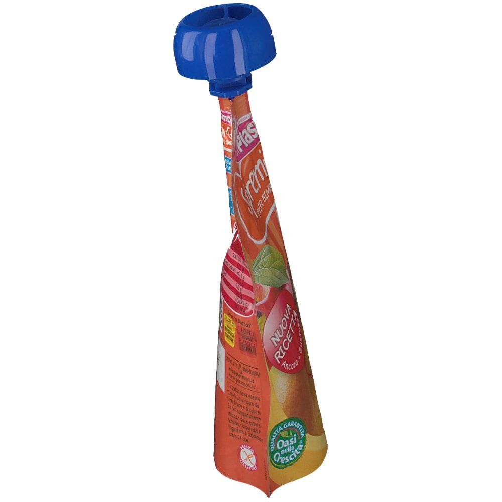 Beutel mit Fruchtmischung. Orangefarbener Beutel mit blauem Deckel. Text und Illustrationen.