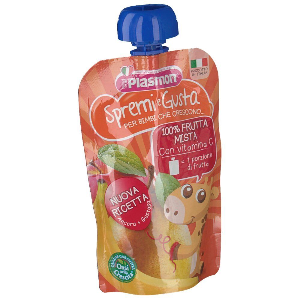 Verpackung mit Fruchtmischung. Orangefarbene Verpackung mit blauem Deckel. Illustrationen und Text.