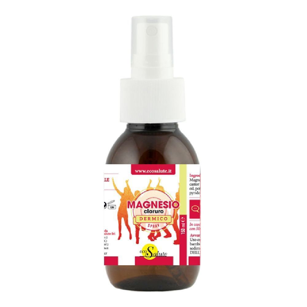Braune Glasflasche mit Sprühkopf. Aufkleber mit Produktnamen und Logo. Text: Magnesio Cloruro Dermico. Marke: ecosalute.
