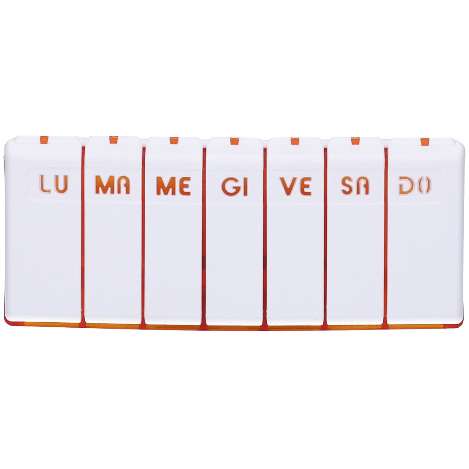 Portapillole rettangolare bianco con sette scomparti. Etichette dei giorni della settimana in arancione.