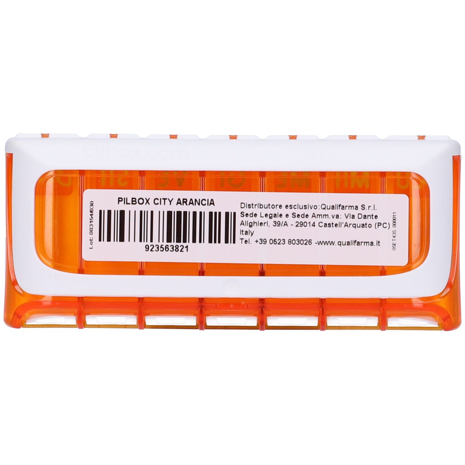 Portapillole rettangolare arancione con coperchio bianco. Codice a barre e dettagli testuali sul coperchio.