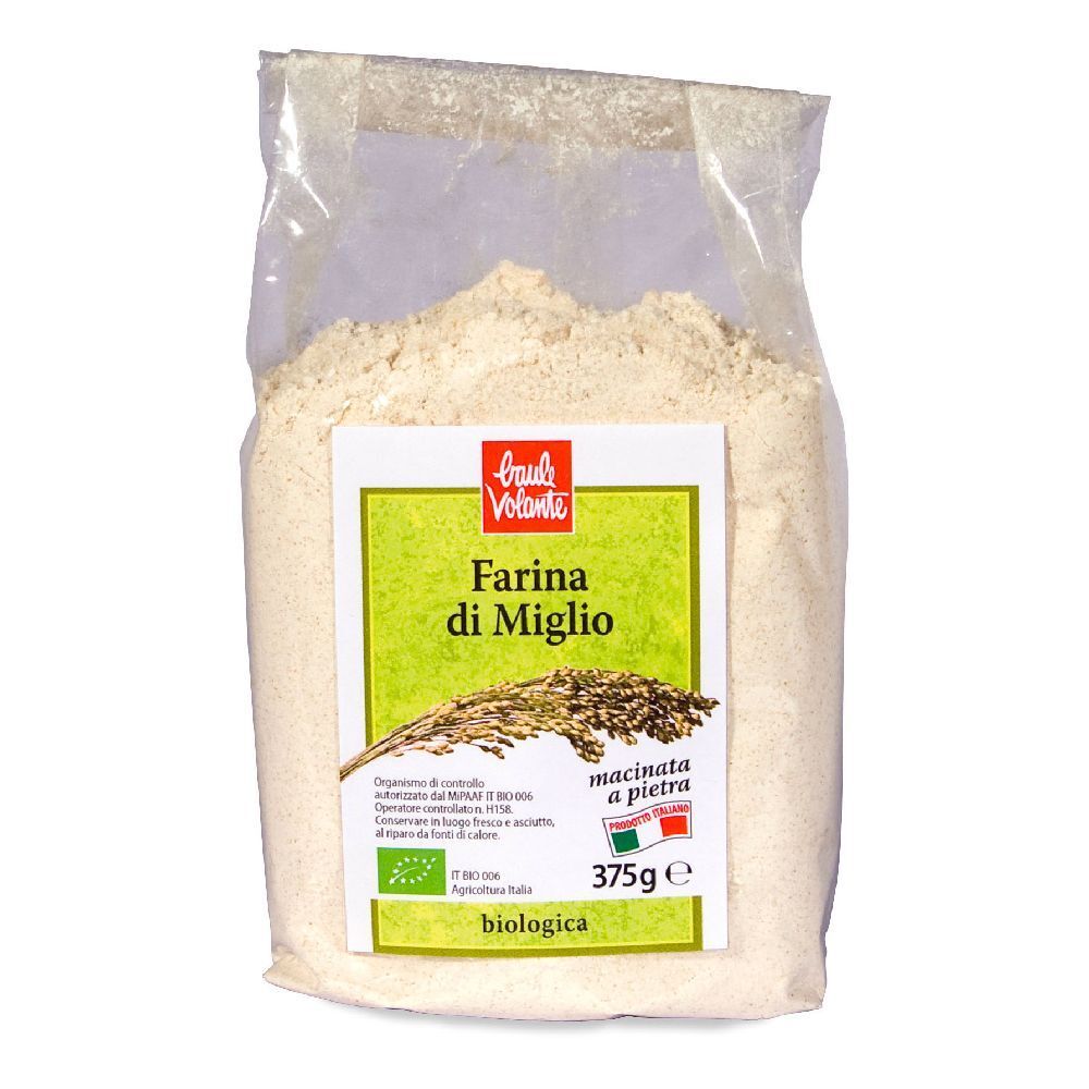 Confezione di Farina di Miglio. Scritta: Farina di Miglio, 375g, biologico. Logo: Bauda Volante.