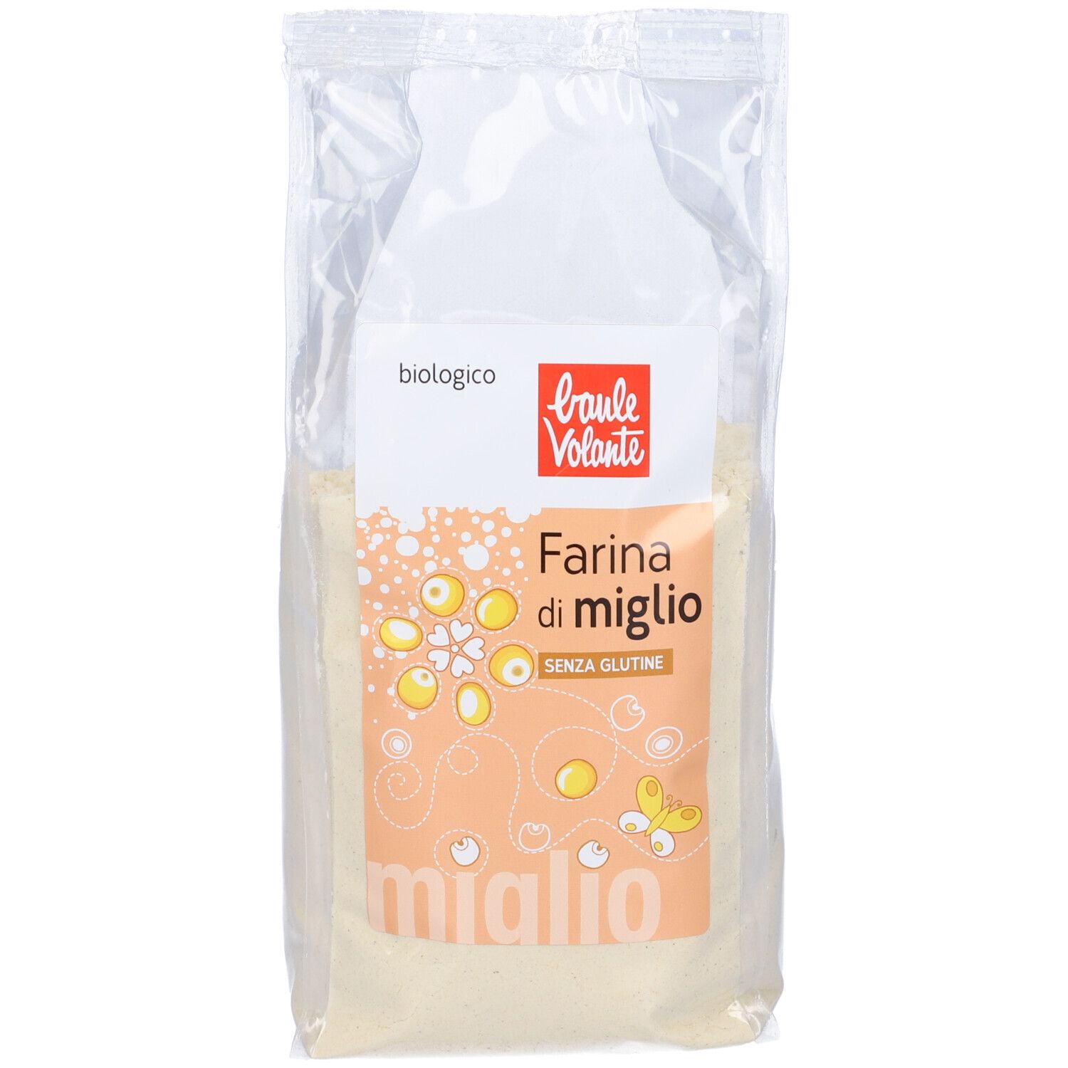 Confezione Farina di Miglio, biologico, senza glutine. Logo Bauda Volante. Scritta: Farina di Miglio, senza glutine.