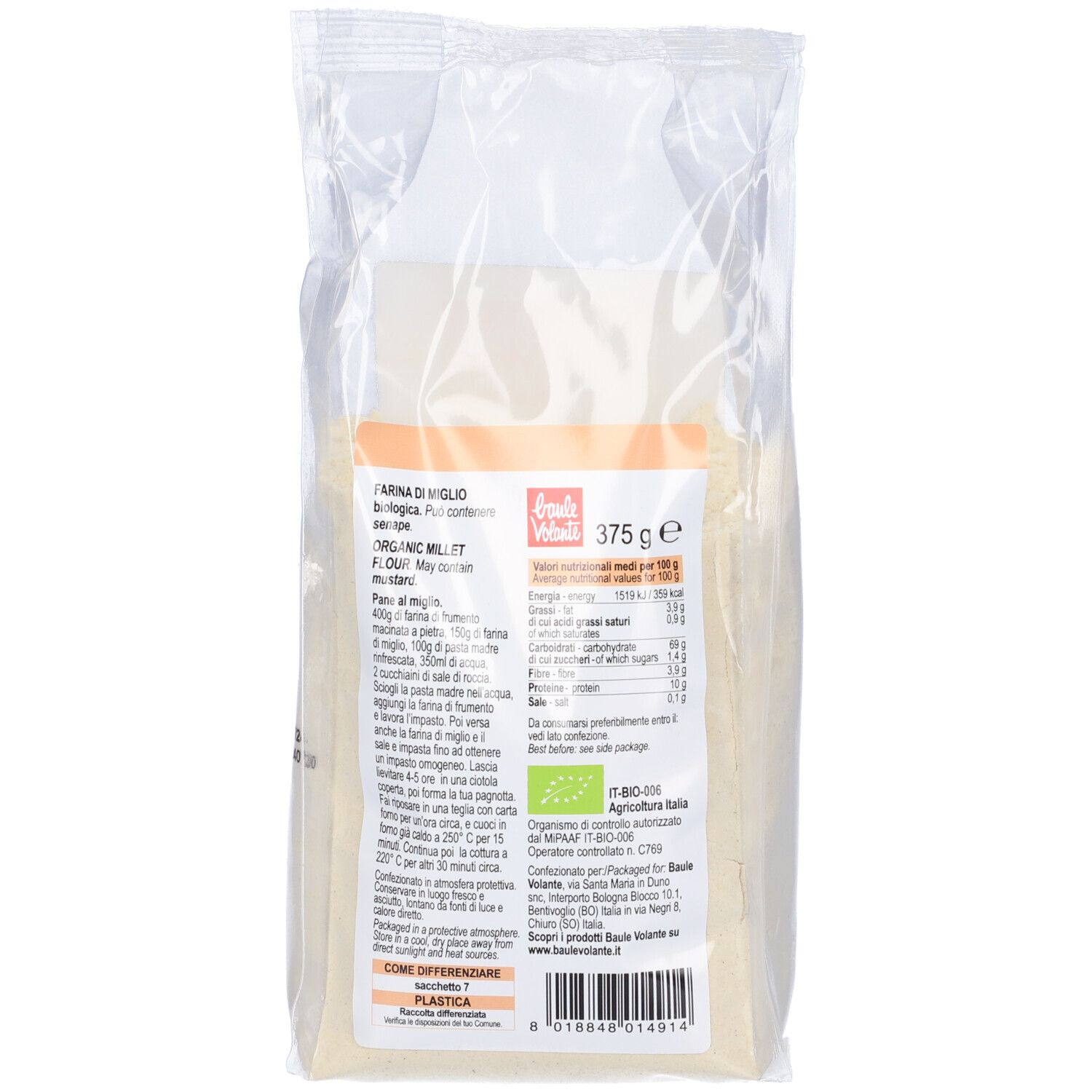 Retro della confezione Farina di Miglio. Testo: Farina di Miglio, 375g, biologico. Informazioni nutrizionali, elenco ingredienti, logo.
