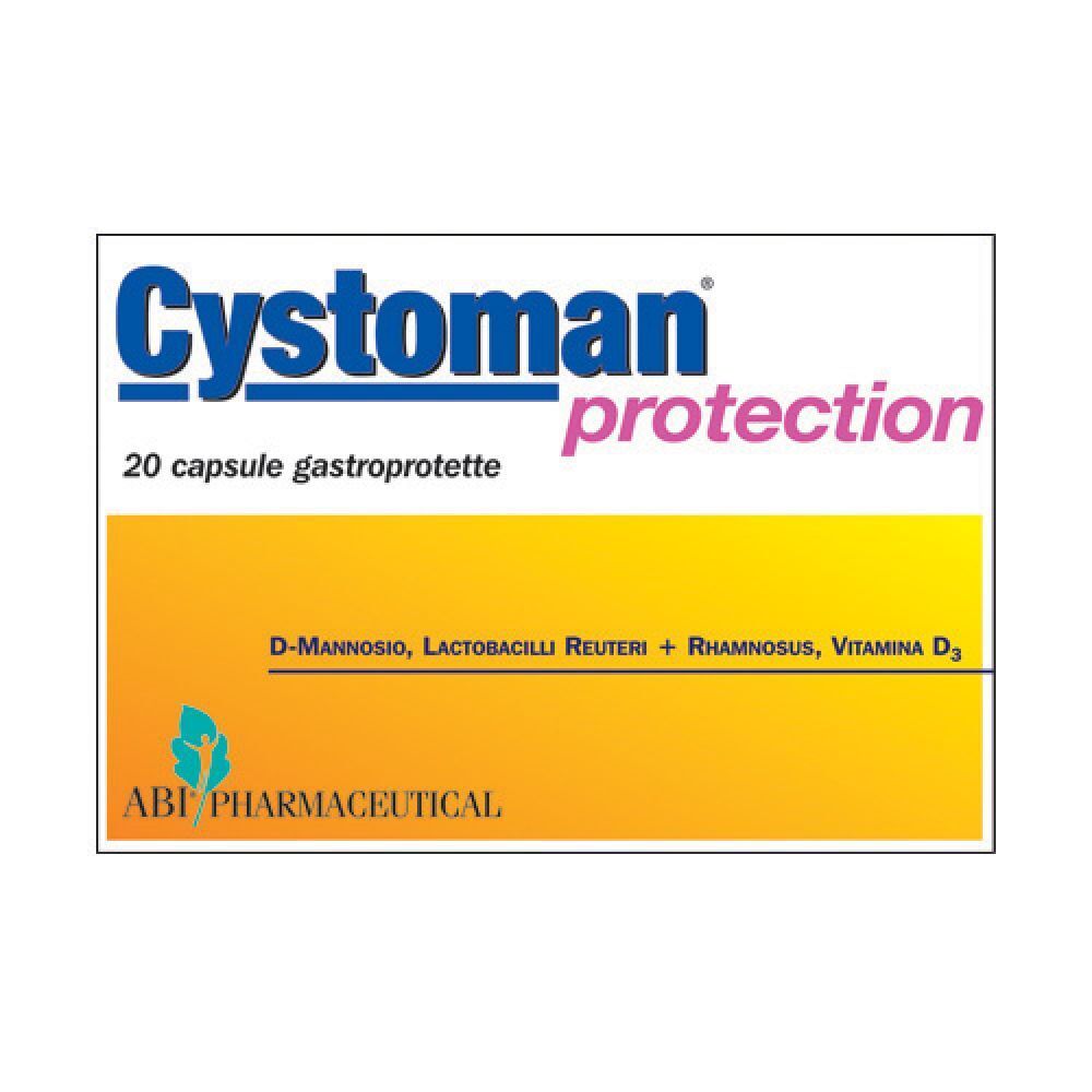Schachtel mit Cystoman protection. Enthält 20 Kapseln. Inhaltsstoffe: D-Mannose, Lactobacilli Reuteri, Rhamnosus, Vitamin D3. ABI Pharmaceutical.