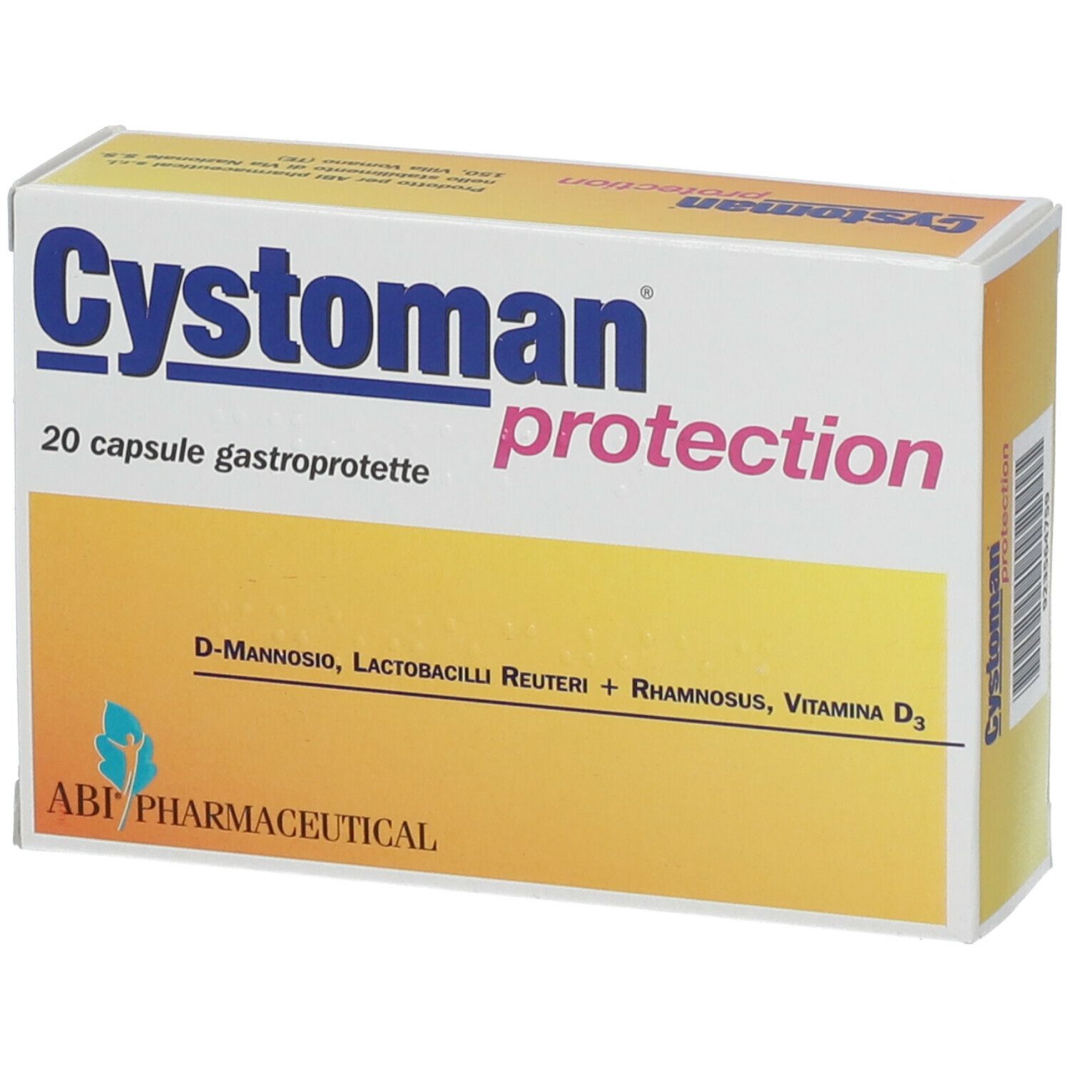 Cystoman protection-Schachtel, schräg von vorne. Enthält 20 Kapseln. Inhaltsstoffe: D-Mannose, Lactobacilli Reuteri, Rhamnosus, Vitamin D3. ABI Pharmaceutical.