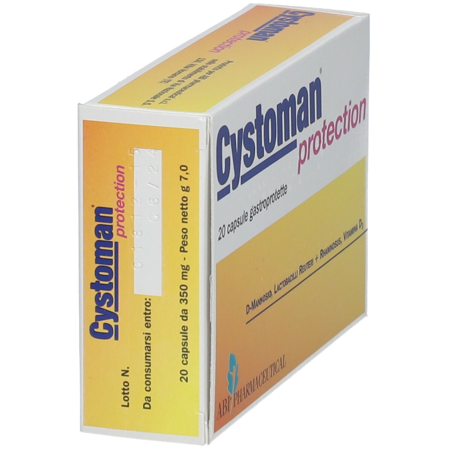 Cystoman protection-Schachtel, schräg von oben. Enthält 20 Kapseln. Inhaltsstoffe: D-Mannose, Lactobacilli Reuteri, Rhamnosus, Vitamin D3. ABI Pharmaceutical.