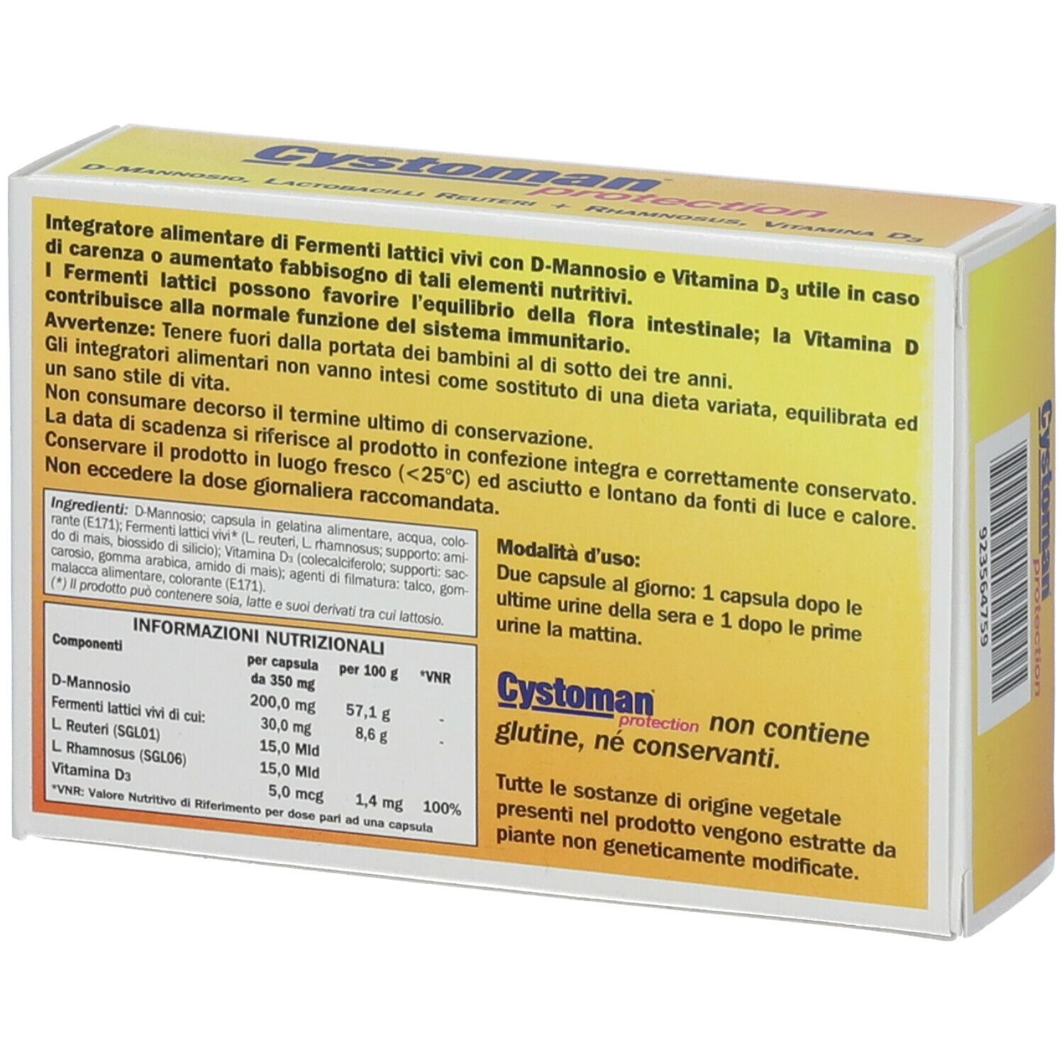 Rückseite der Cystoman protection-Schachtel. Enthält Informationen zu Inhaltsstoffen und Anwendung. ABI Pharmaceutical.