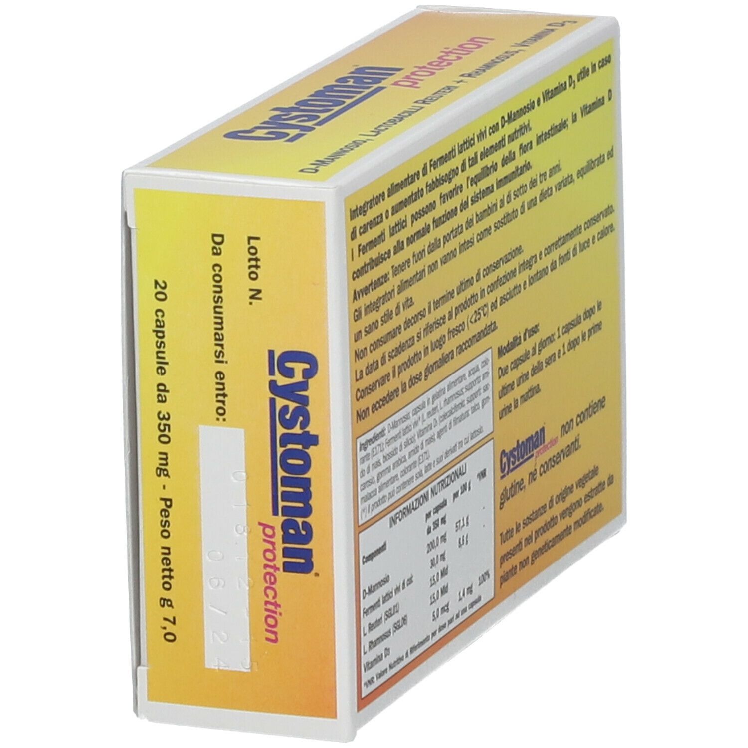 Cystoman protection-Schachtel, schräg von oben. Enthält Informationen zu Inhaltsstoffen und Anwendung. ABI Pharmaceutical.