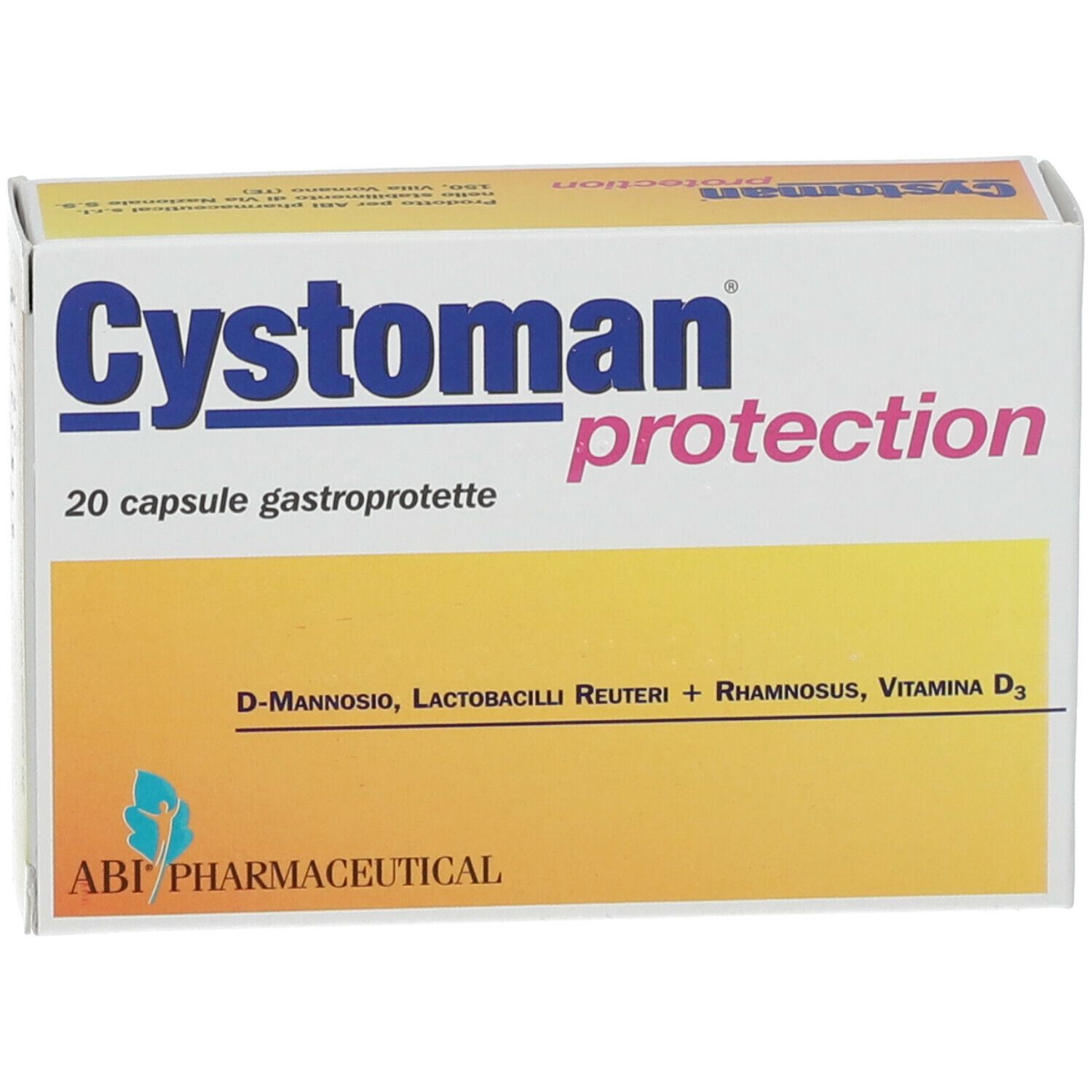 Schachtel mit Cystoman protection. Enthält 20 Kapseln. Inhaltsstoffe: D-Mannose, Lactobacilli Reuteri, Rhamnosus, Vitamin D3. ABI Pharmaceutical.