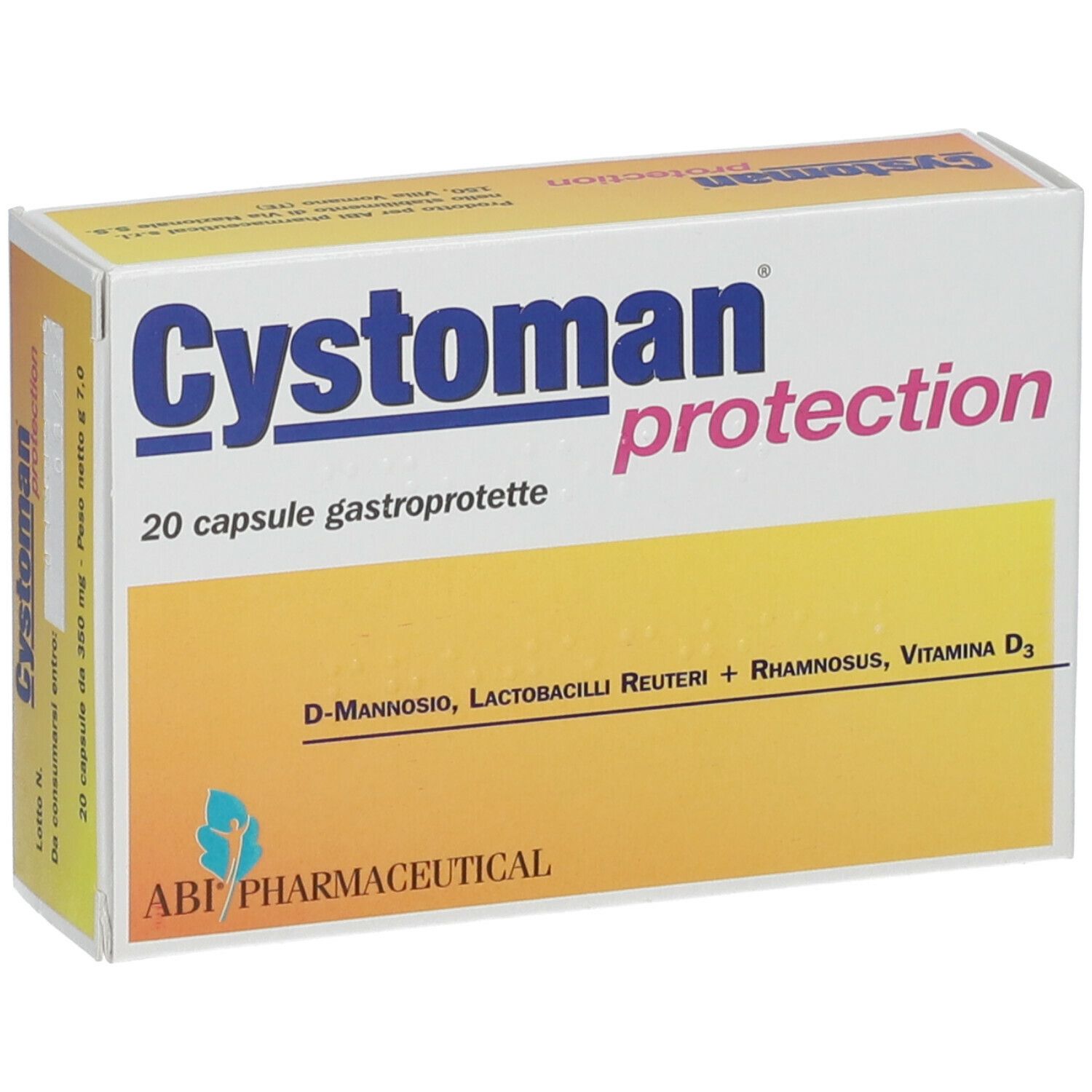 Schachtel mit Cystoman protection. Enthält 20 Kapseln. Inhaltsstoffe: D-Mannose, Lactobacilli Reuteri, Rhamnosus, Vitamin D3. ABI Pharmaceutical.