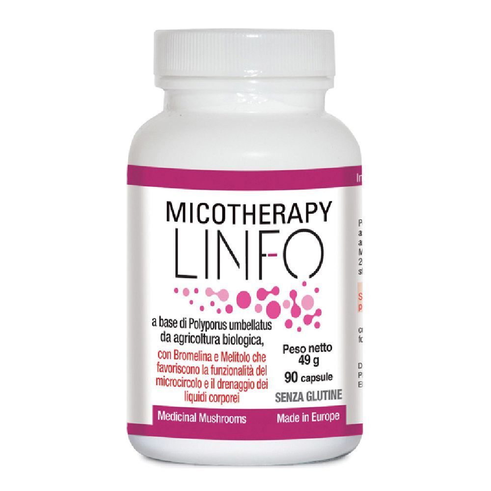 Flacone bianco con etichetta rosa. Scritta: Micotherapy Linfo. Contiene 90 capsule. Senza glutine. Prodotto in Europa.