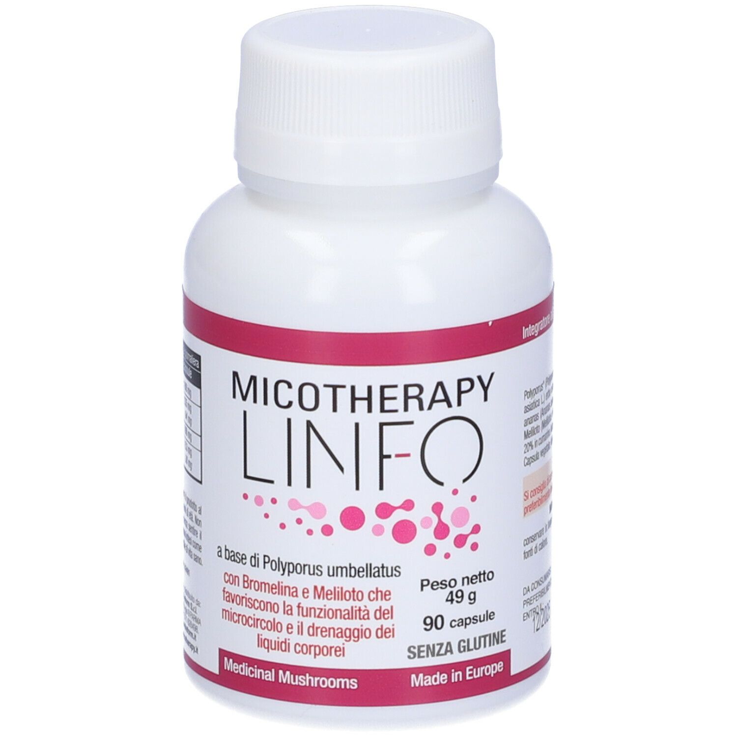 Flacone bianco con etichetta rosa. Scritta: Micotherapy Linfo. Contiene 90 capsule. Senza glutine. Prodotto in Europa.
