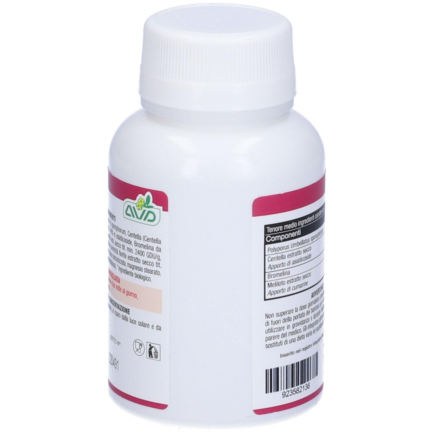 Flacone bianco con etichetta rosa. Scritta: Micotherapy Linfo. Ingredienti elencati. Informazioni sul retro.