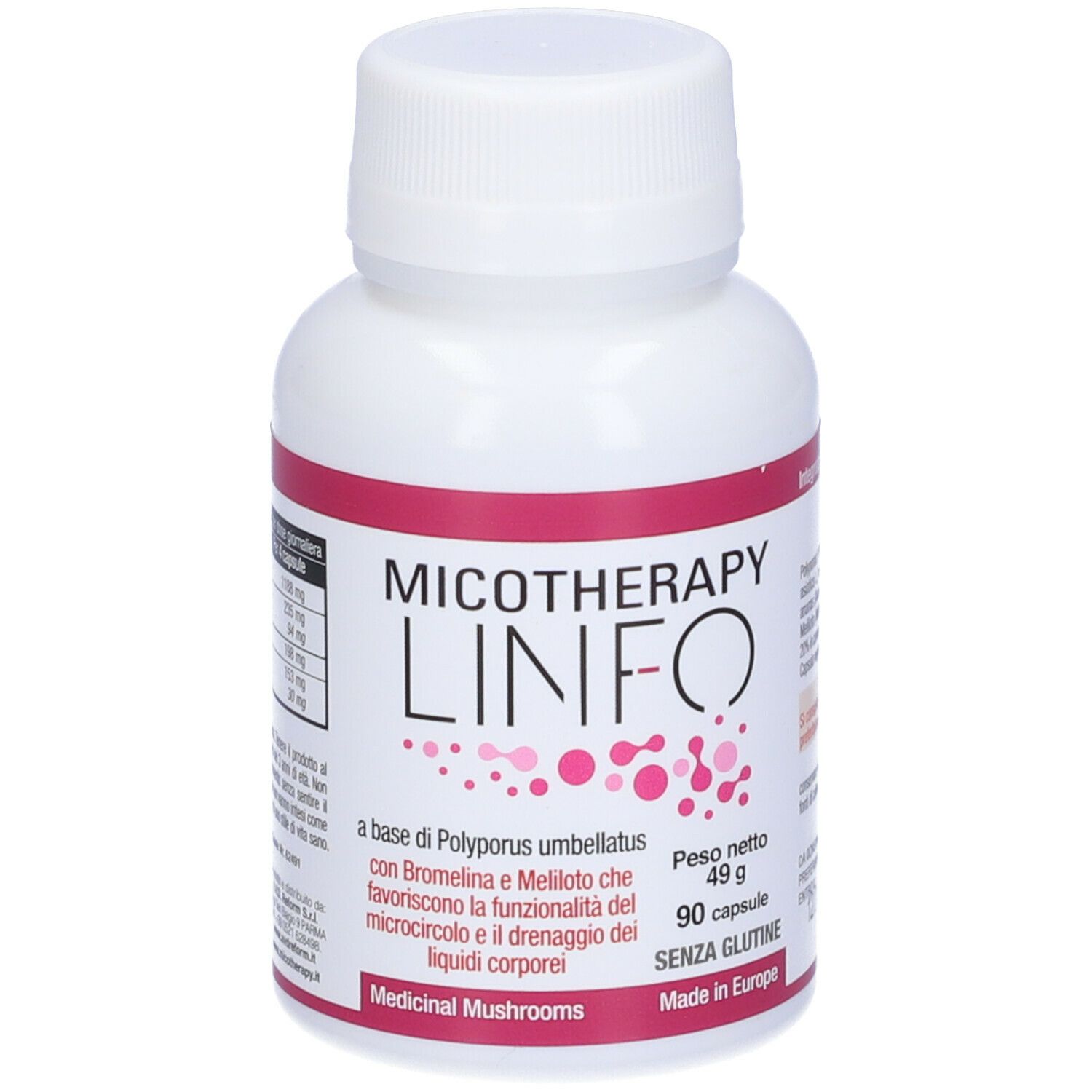 Flacone bianco con etichetta rosa. Scritta: Micotherapy Linfo. Contiene 90 capsule. Senza glutine. Prodotto in Europa.