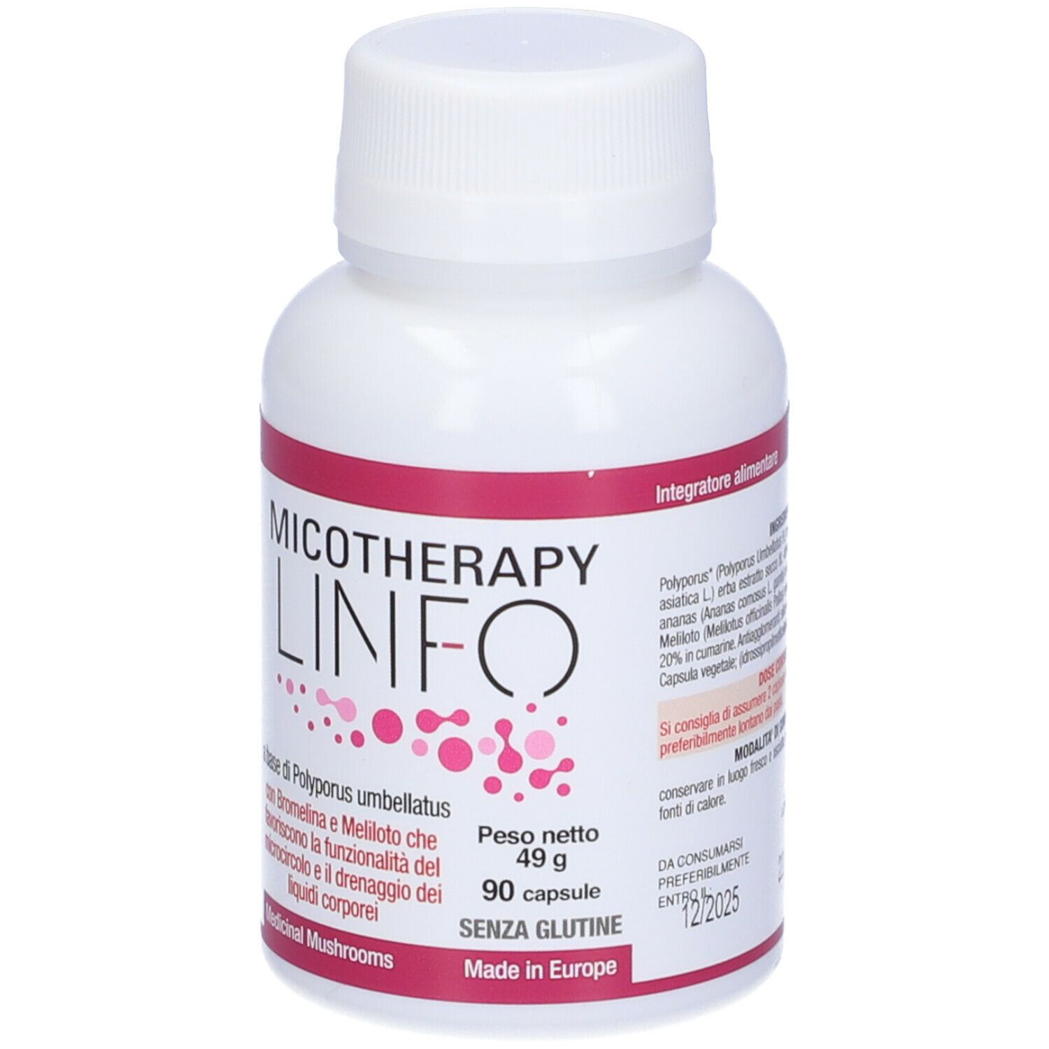 Flacone bianco con etichetta rosa. Scritta: Micotherapy Linfo. Contiene 90 capsule. Senza glutine. Prodotto in Europa.