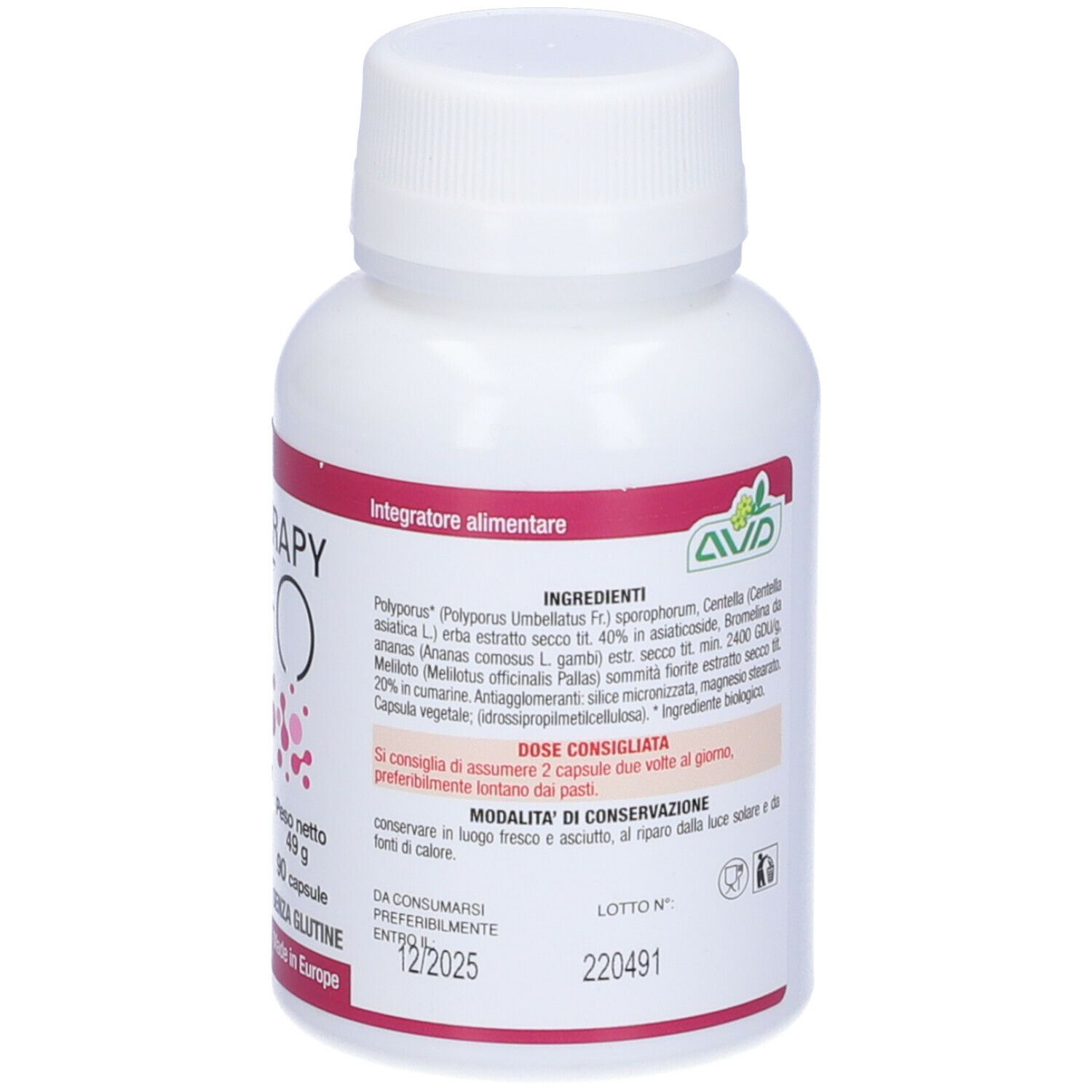 Flacone bianco con etichetta rosa. Scritta: Micotherapy Linfo. Ingredienti elencati. Informazioni sul retro.