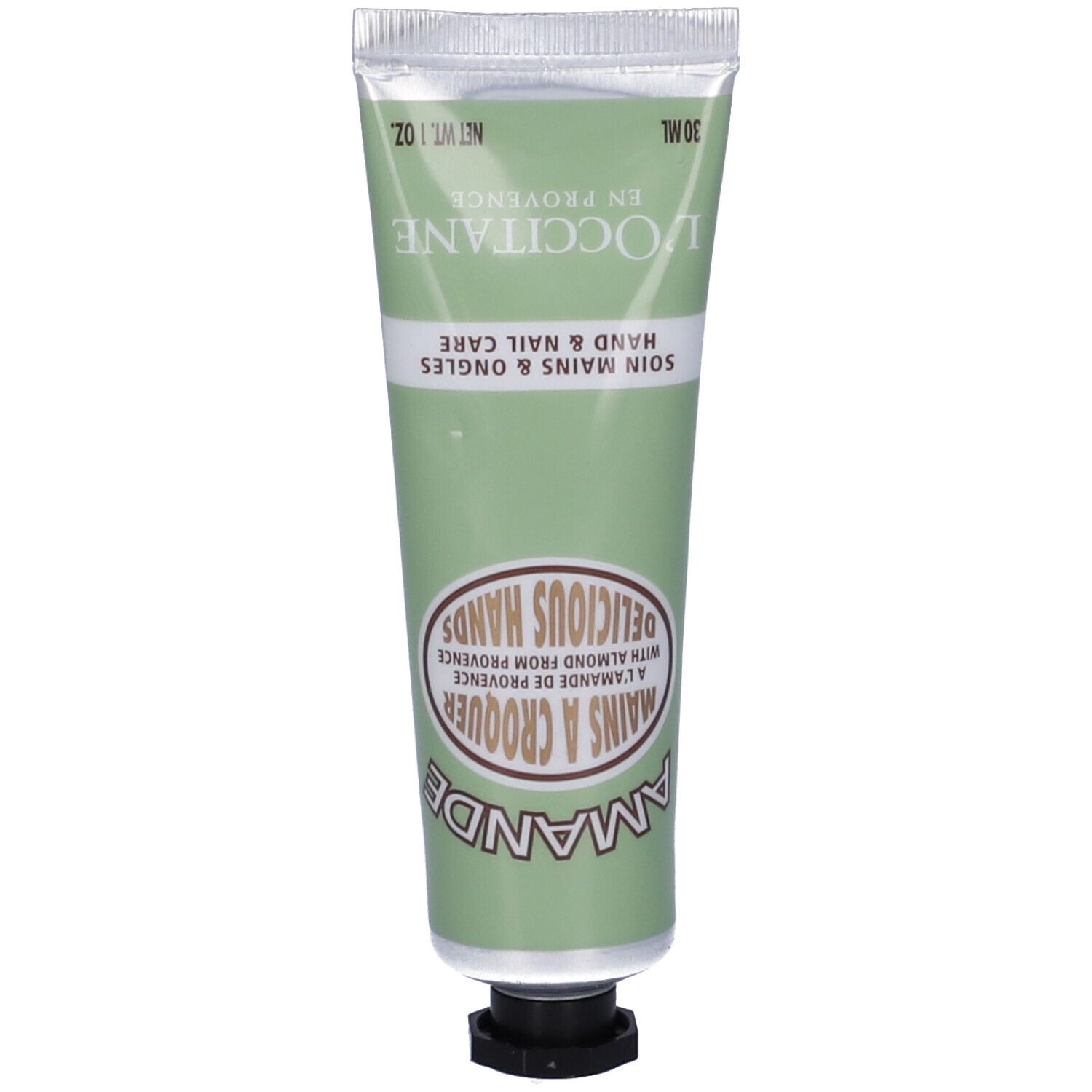 Tubo verde L'Occitane Crema Mani Mandorla. Scritta: Mandorla, Delicious Hands, Hand & Nail Care. Chiusura nera.