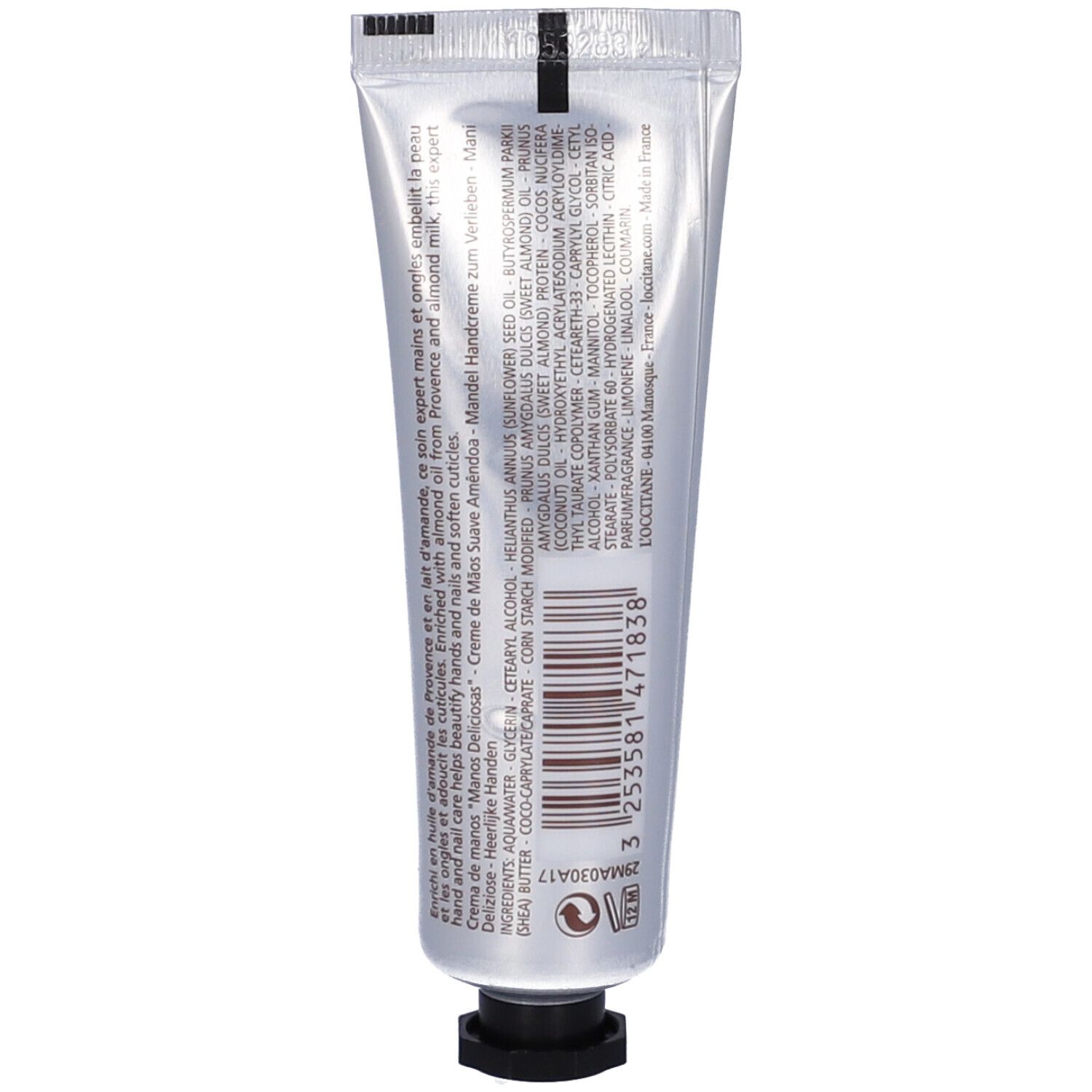 Retro del tubo L'Occitane Crema Mani Mandorla. Testo multilingue. Chiusura nera. Codice a barre.
