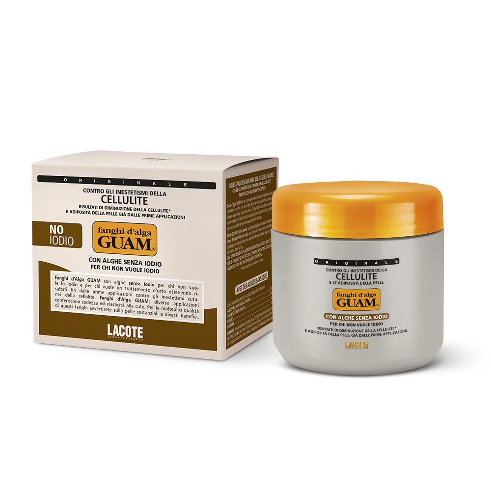 Vaso con coperchio giallo e scatola. Scritta: GUAM, contro la cellulite. Senza iodio.