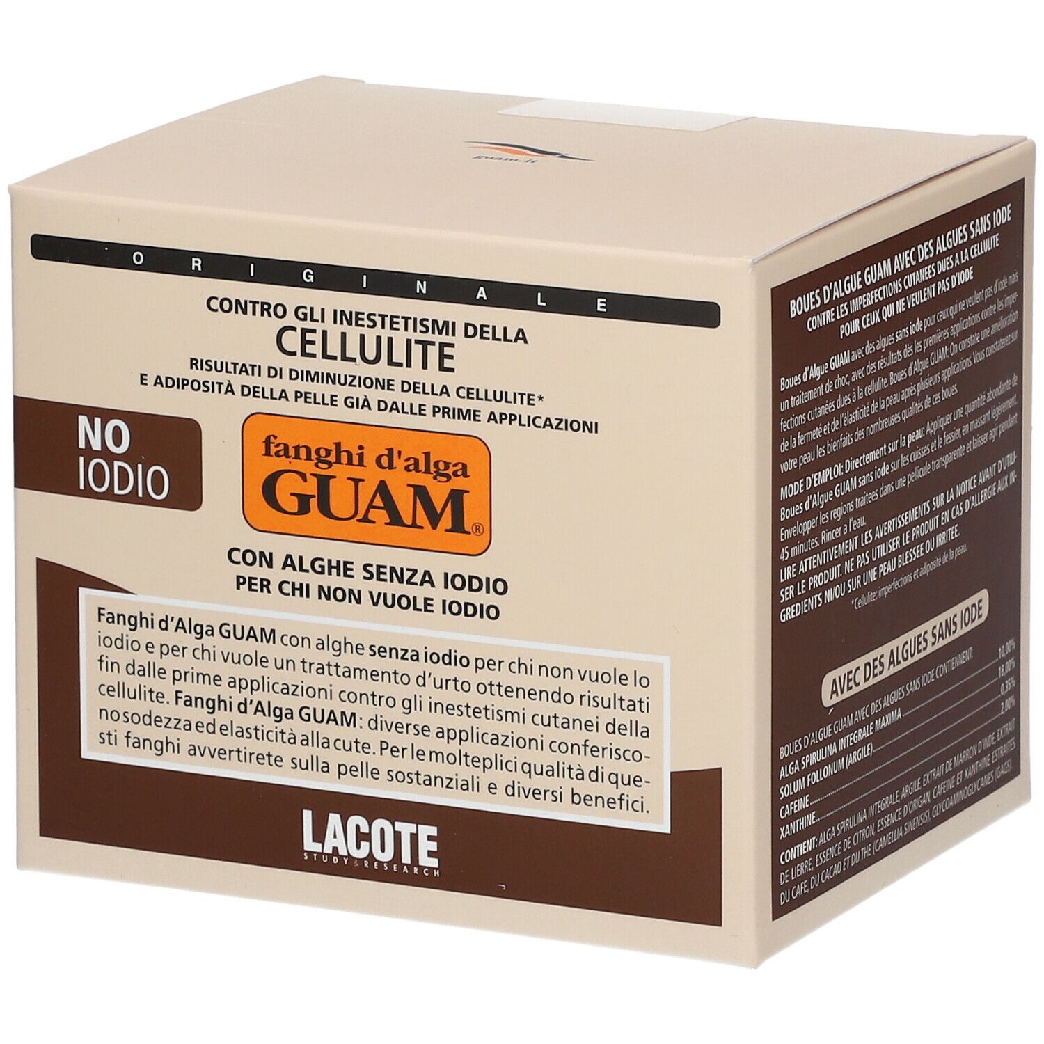 Scatola con scritta: GUAM, contro la cellulite. Senza iodio. Testo multilingue.
