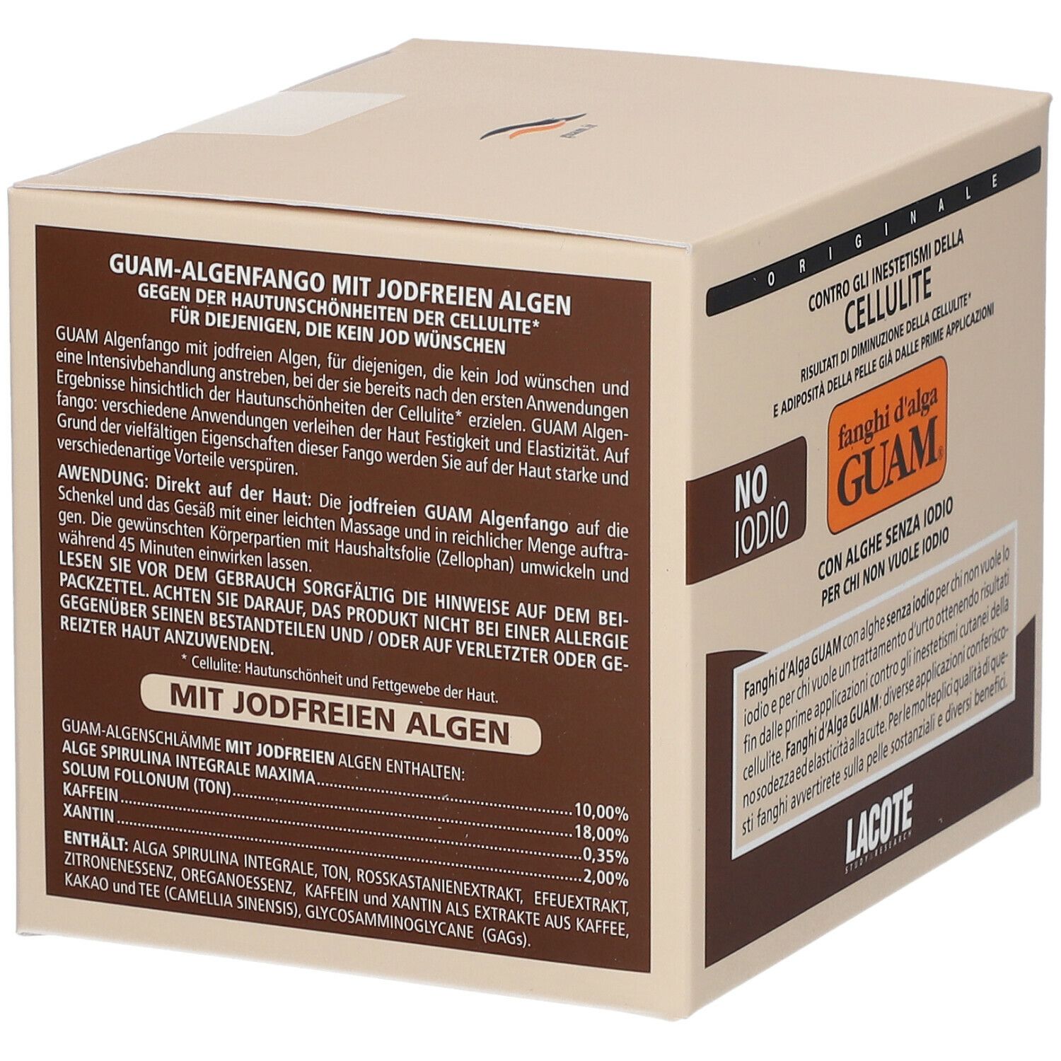 Scatola con scritta: GUAM, contro la cellulite. Senza iodio. Testo multilingue.