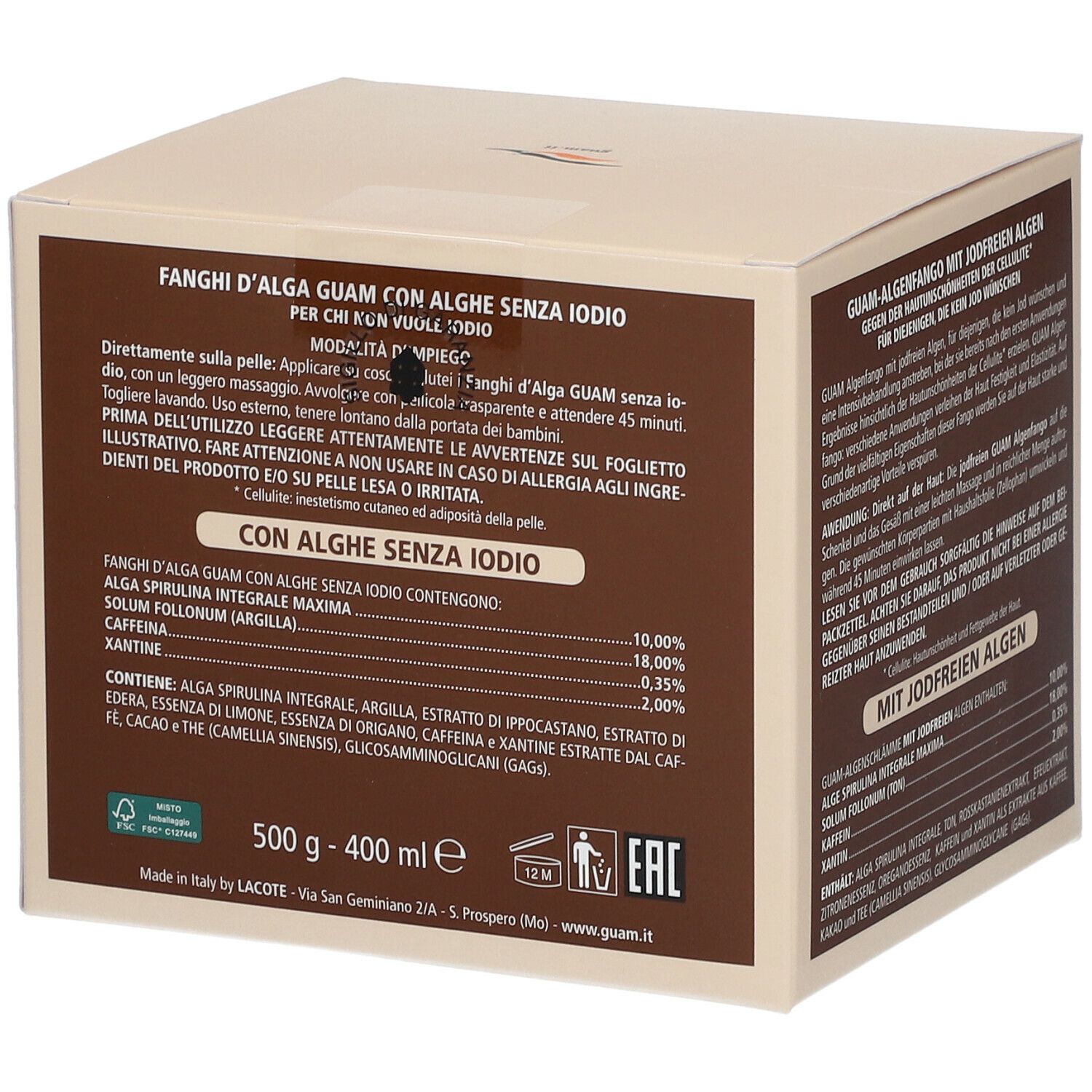 Scatola con scritta: GUAM, contro la cellulite. Senza iodio. Testo multilingue.