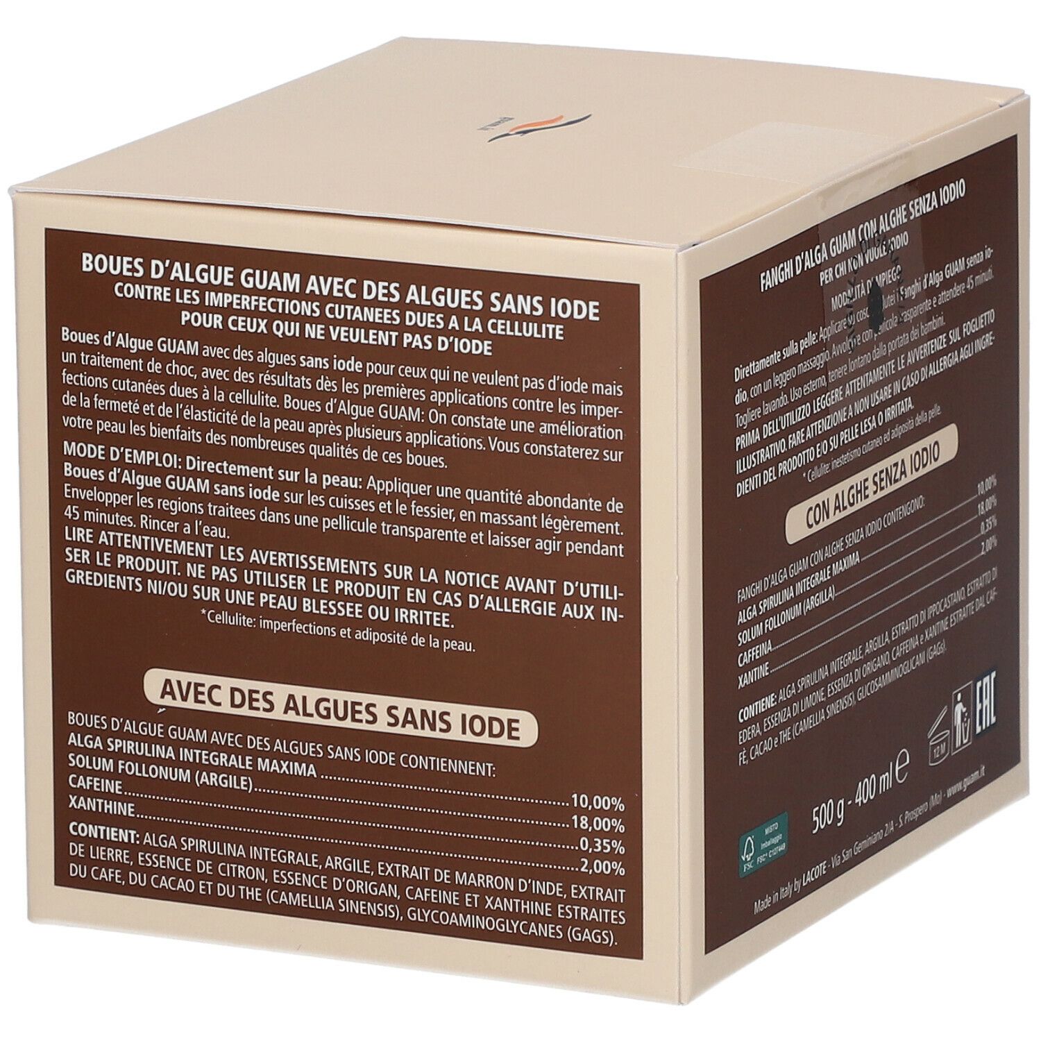Scatola con scritta: GUAM, contro la cellulite. Senza iodio. Testo multilingue.