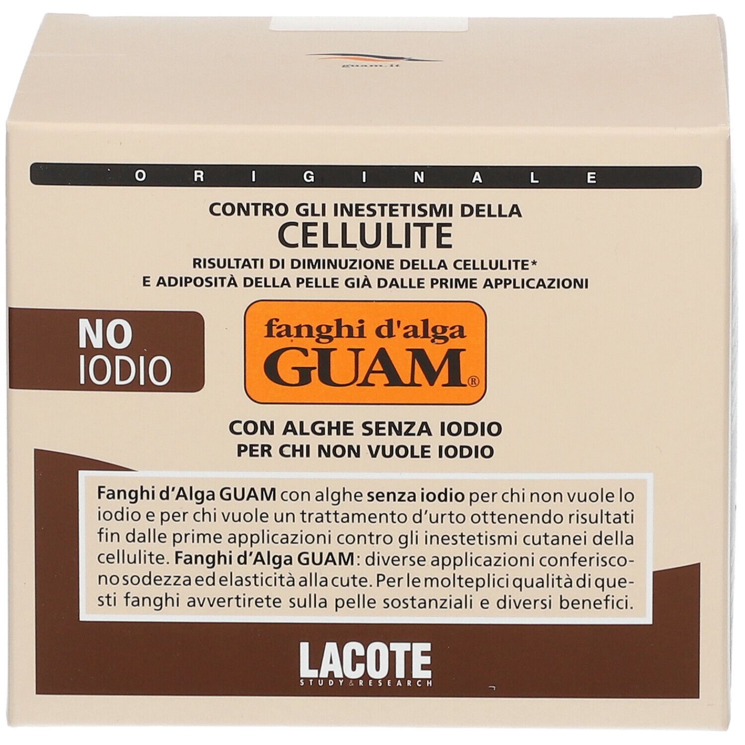 Scatola con scritta: GUAM, contro la cellulite. Senza iodio. Testo multilingue.