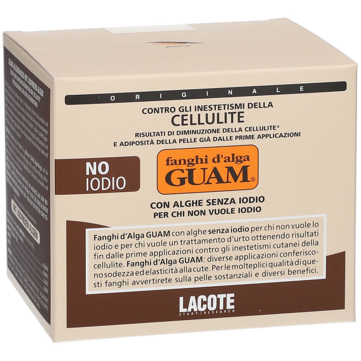 Scatola con scritta: GUAM, contro la cellulite. Senza iodio. Testo multilingue.