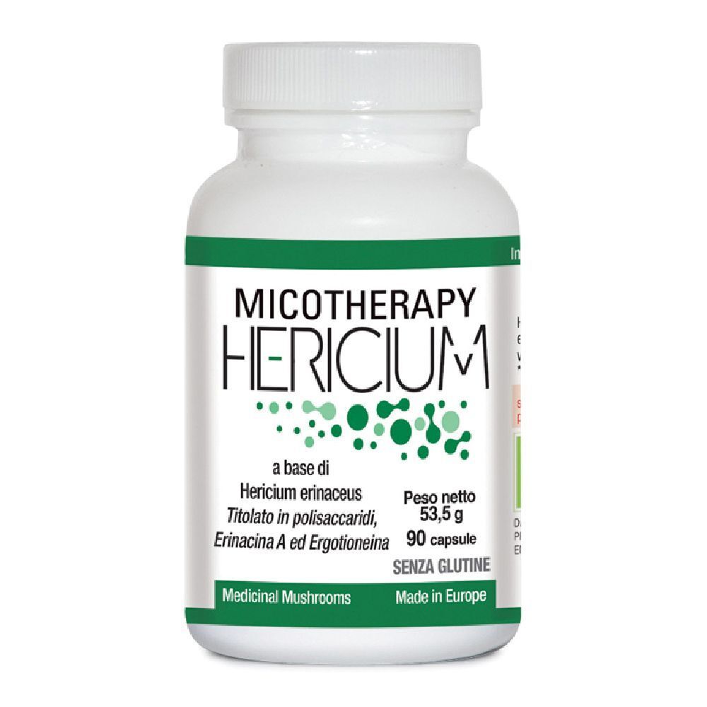 Flacone bianco con etichetta verde. Scritta: Micotherapy Hericium, 90 capsule, senza glutine. Prodotto in Europa.