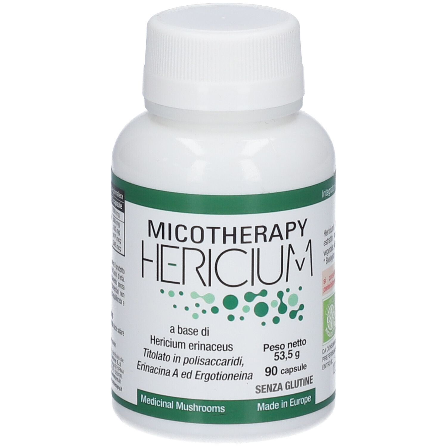 Flacone bianco con etichetta verde. Scritta: Micotherapy Hericium, 90 capsule, senza glutine. Prodotto in Europa.