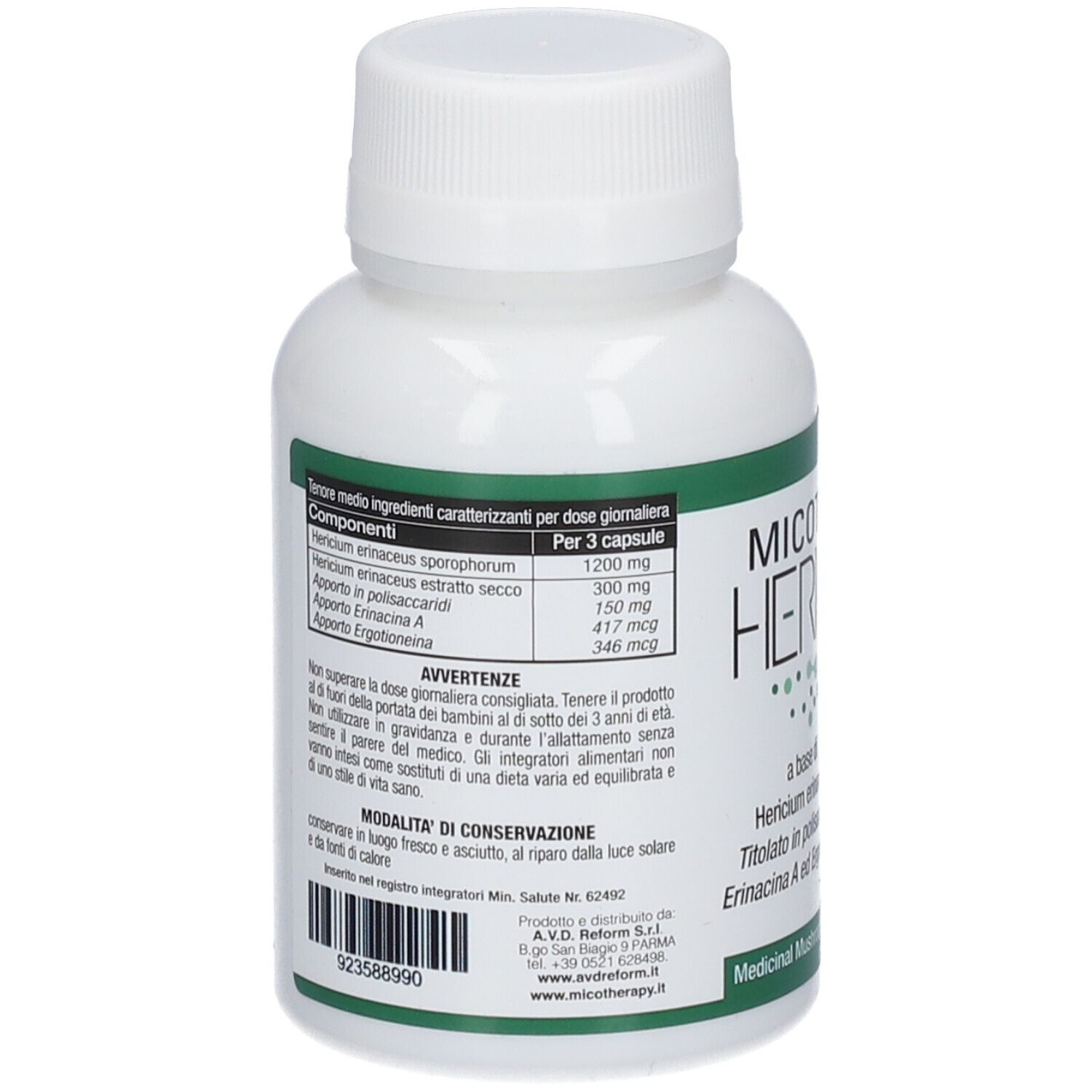 Retro di un flacone bianco. Testo: ingredienti, avvertenze, conservazione. Scritta: Micotherapy Hericium.
