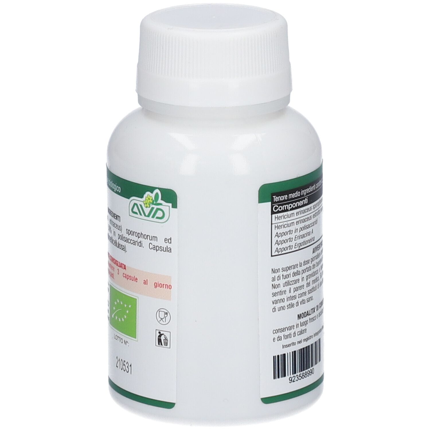 Retro di un flacone bianco. Testo: ingredienti, avvertenze, conservazione. Scritta: Micotherapy Hericium.