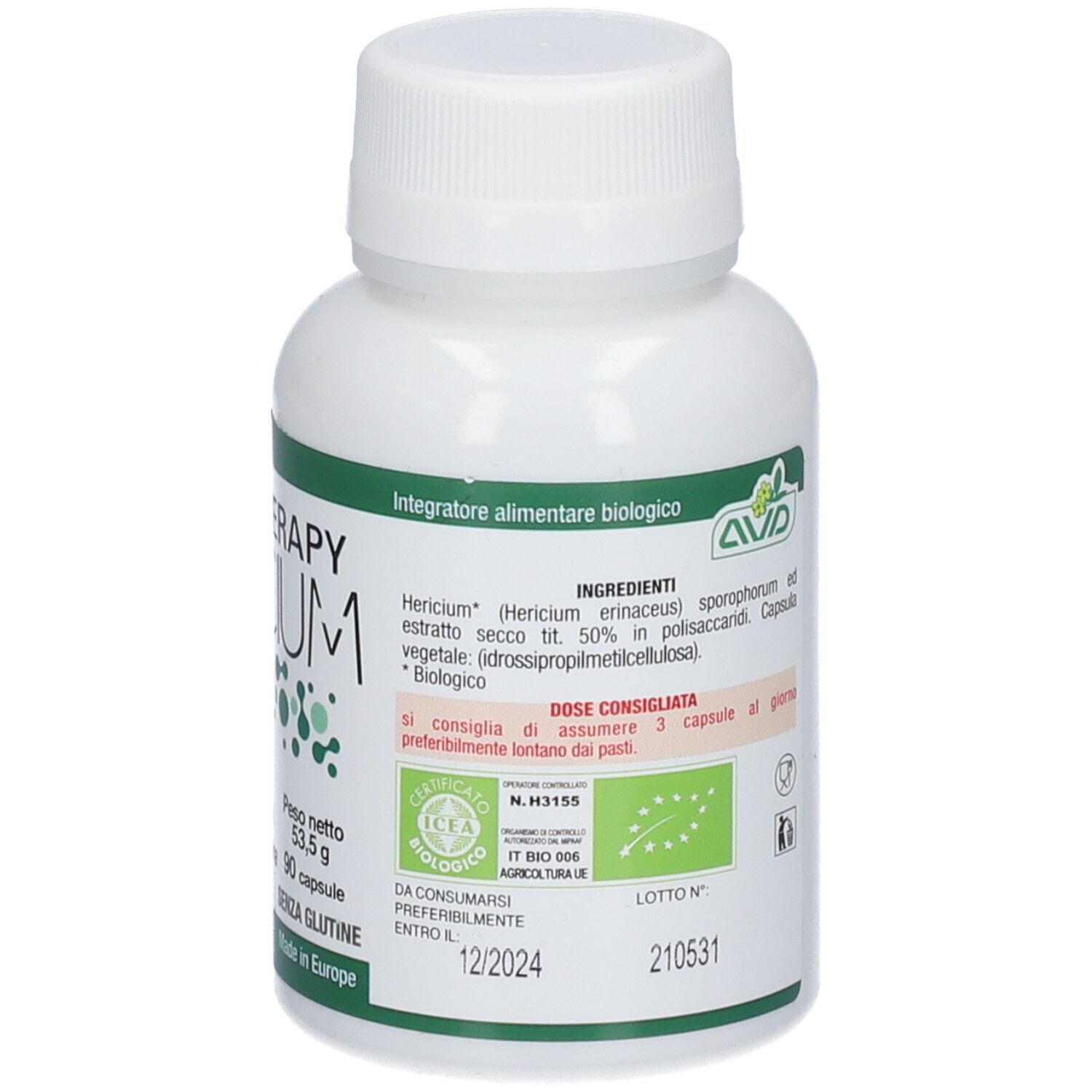 Flacone bianco con etichetta verde. Scritta: Micotherapy Hericium, 90 capsule, senza glutine. Prodotto in Europa.