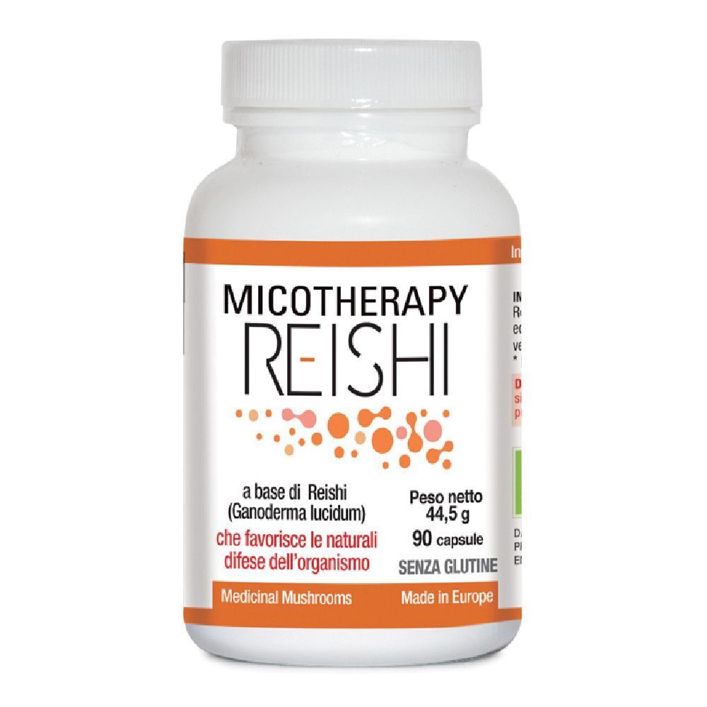 Flacone bianco con etichetta arancione. Scritta: Micotherapy Reishi. Contiene 90 capsule. Senza glutine.