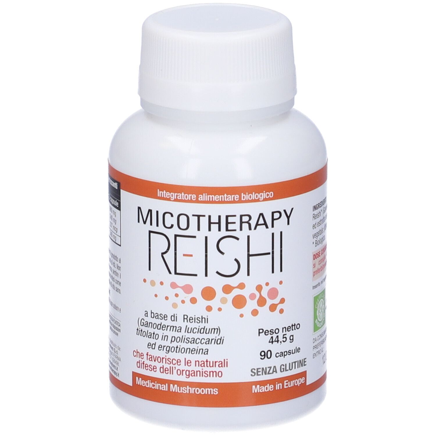 Flacone bianco con etichetta arancione. Scritta: Micotherapy Reishi. Contiene 90 capsule. Senza glutine.