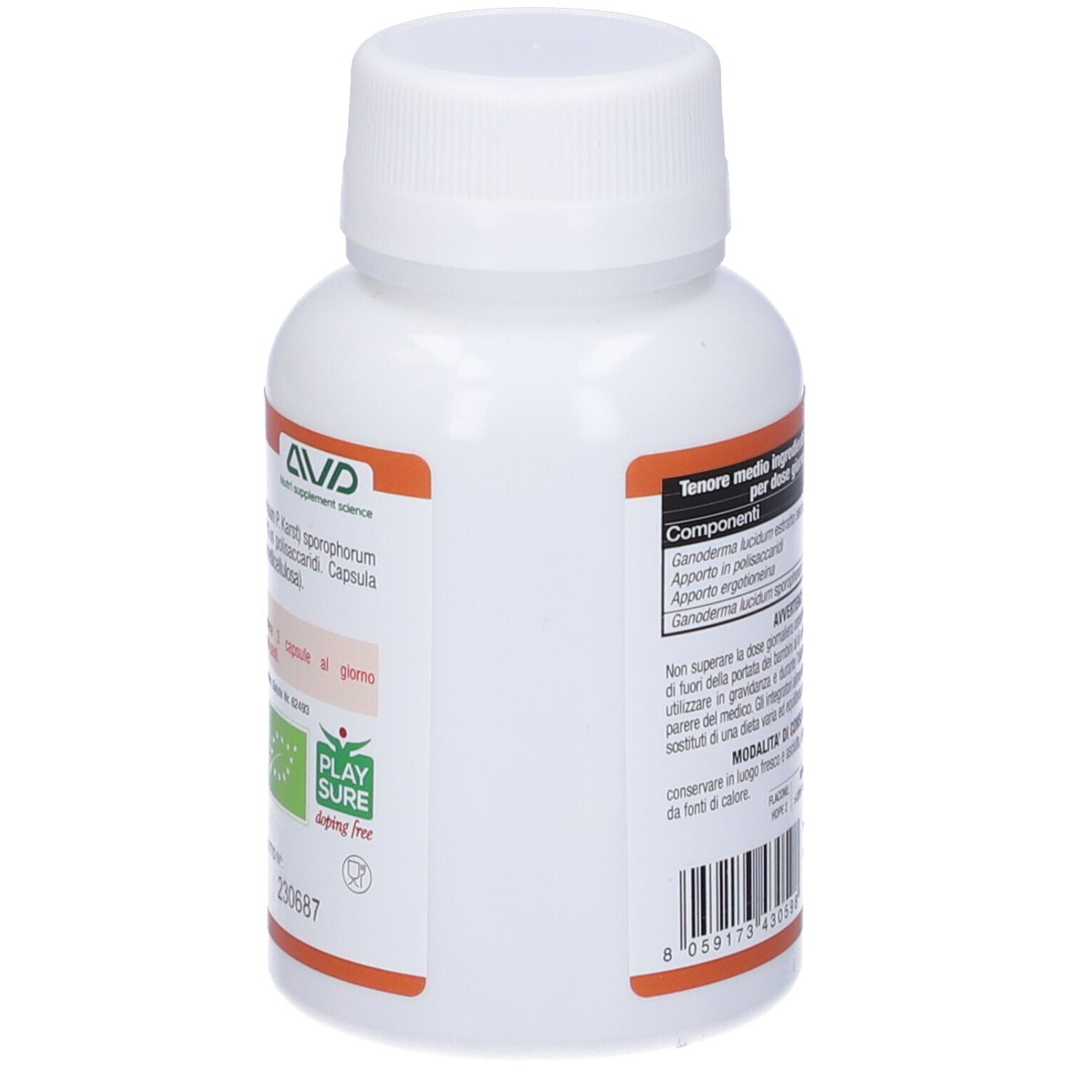 Flacone bianco con etichetta arancione. Scritta: AVD. Contiene informazioni sugli ingredienti e il dosaggio.