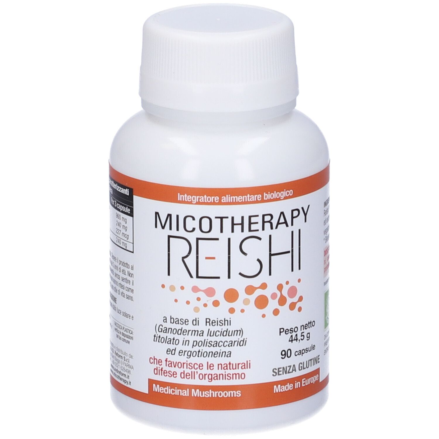 Flacone bianco con etichetta arancione. Scritta: Micotherapy Reishi. Contiene 90 capsule. Senza glutine.