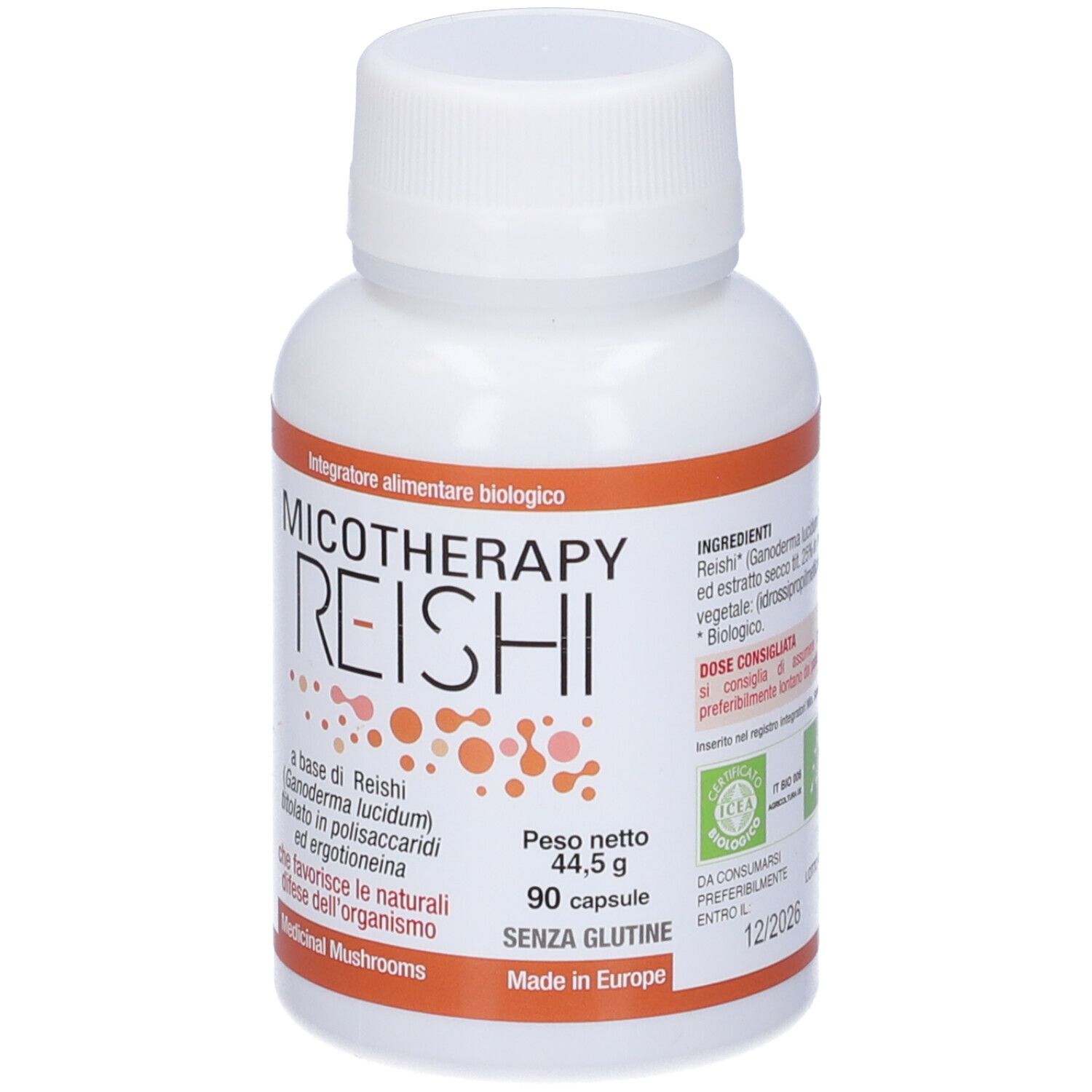 Flacone bianco con etichetta arancione. Scritta: Micotherapy Reishi. Contiene 90 capsule. Senza glutine.
