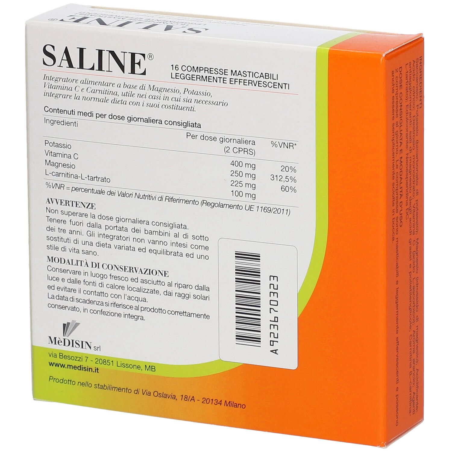 Retro della scatola di compresse Saline. Contiene informazioni nutrizionali e avvertenze.