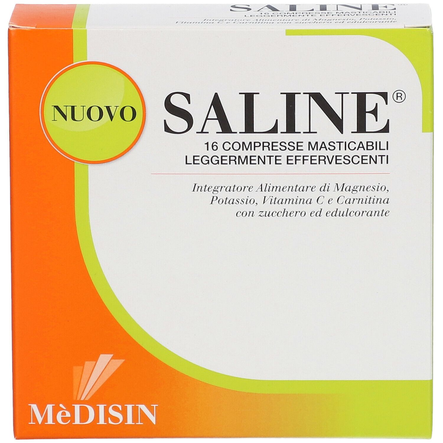 Scatola di compresse Saline. Scatola bianca, arancione e verde con 'NUOVO'.