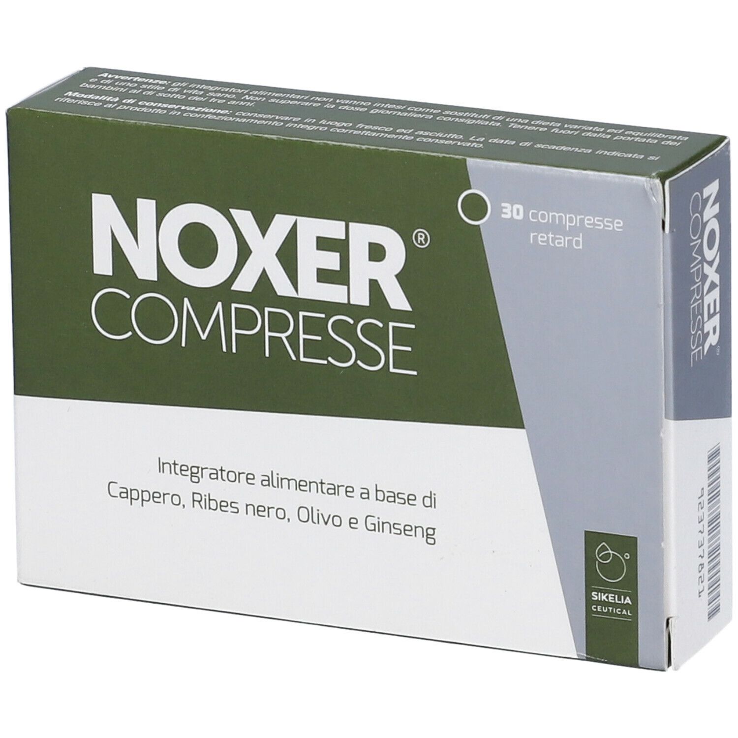 Scatola con scritta NOXER COMPRESSE. Contiene 30 compresse. Scritta: Integratore alimentare.