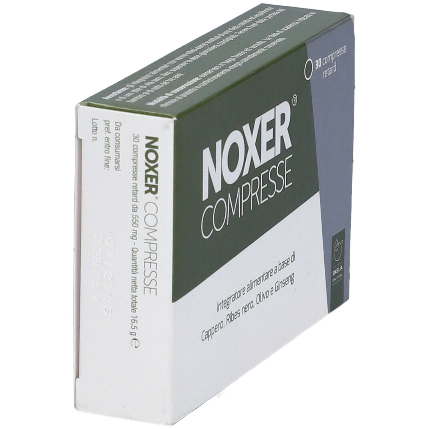 Scatola con scritta NOXER COMPRESSE. Contiene 30 compresse. Scritta: Integratore alimentare.