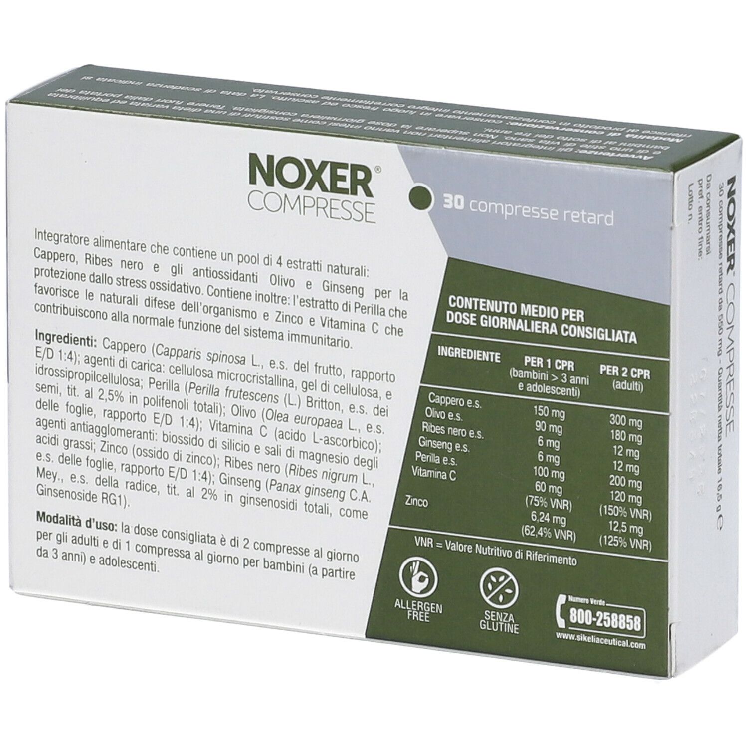 Retro della scatola con NOXER COMPRESSE. Contiene informazioni sugli ingredienti e il dosaggio.