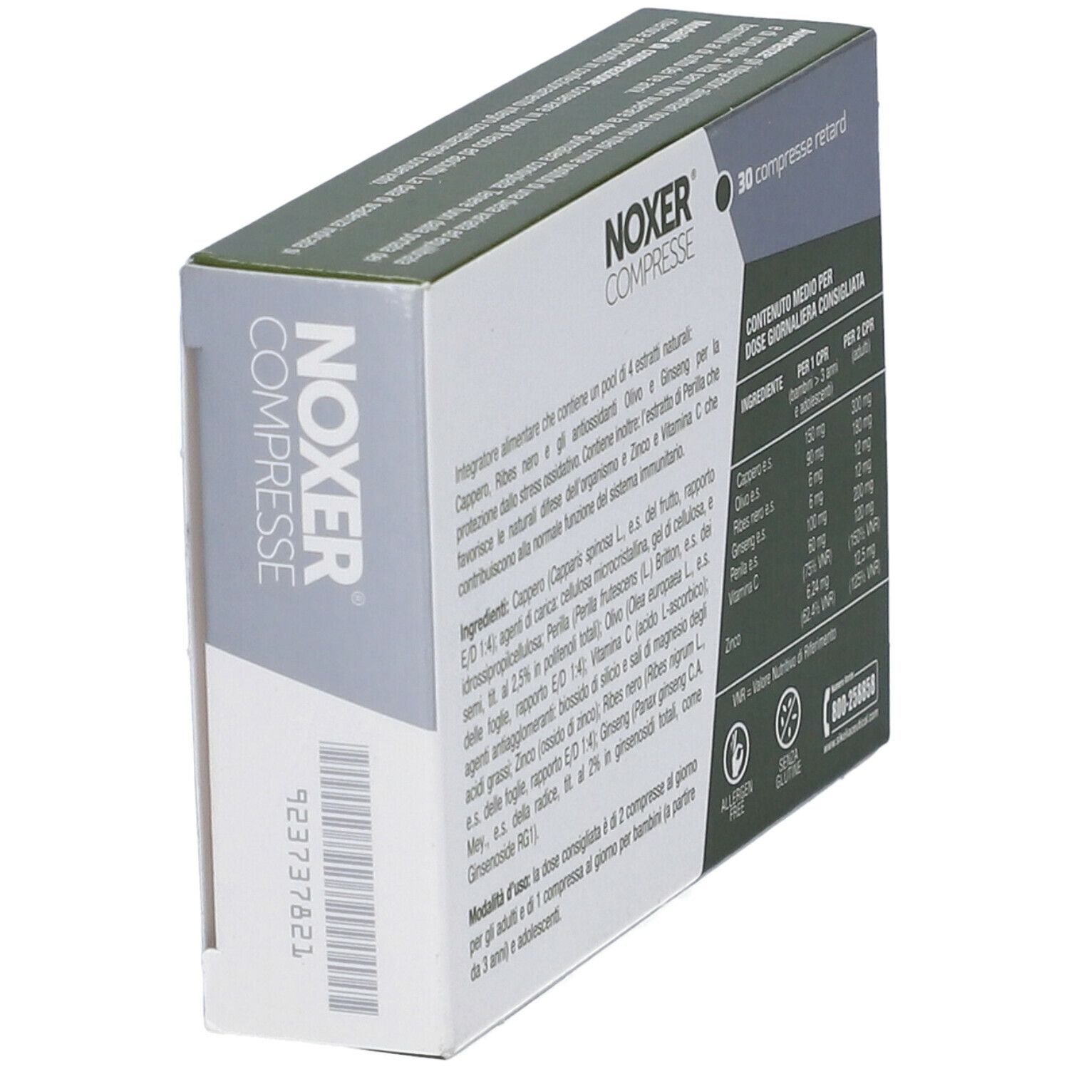 Scatola con scritta NOXER COMPRESSE. Contiene 30 compresse. Vista laterale.