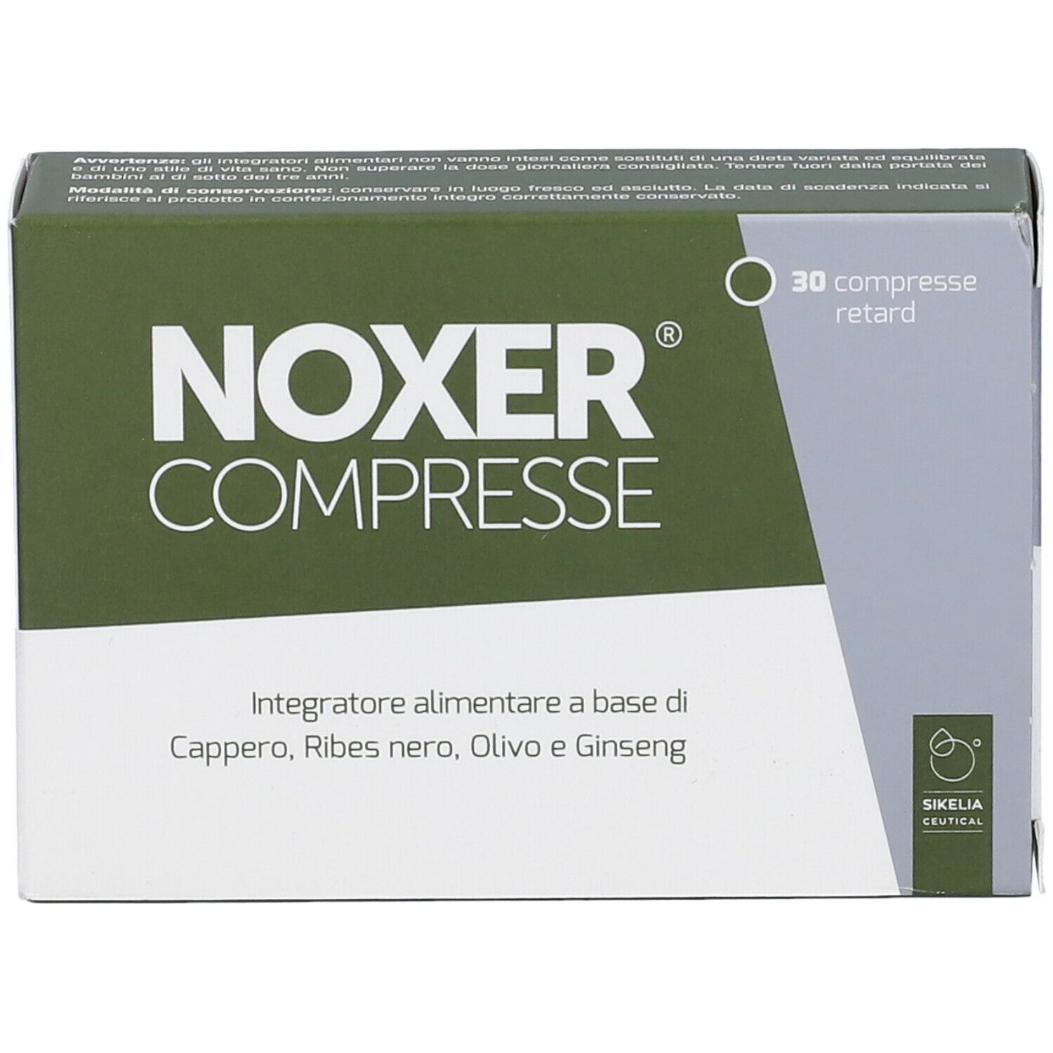 Scatola con scritta NOXER COMPRESSE. Contiene 30 compresse. Scritta: Integratore alimentare.