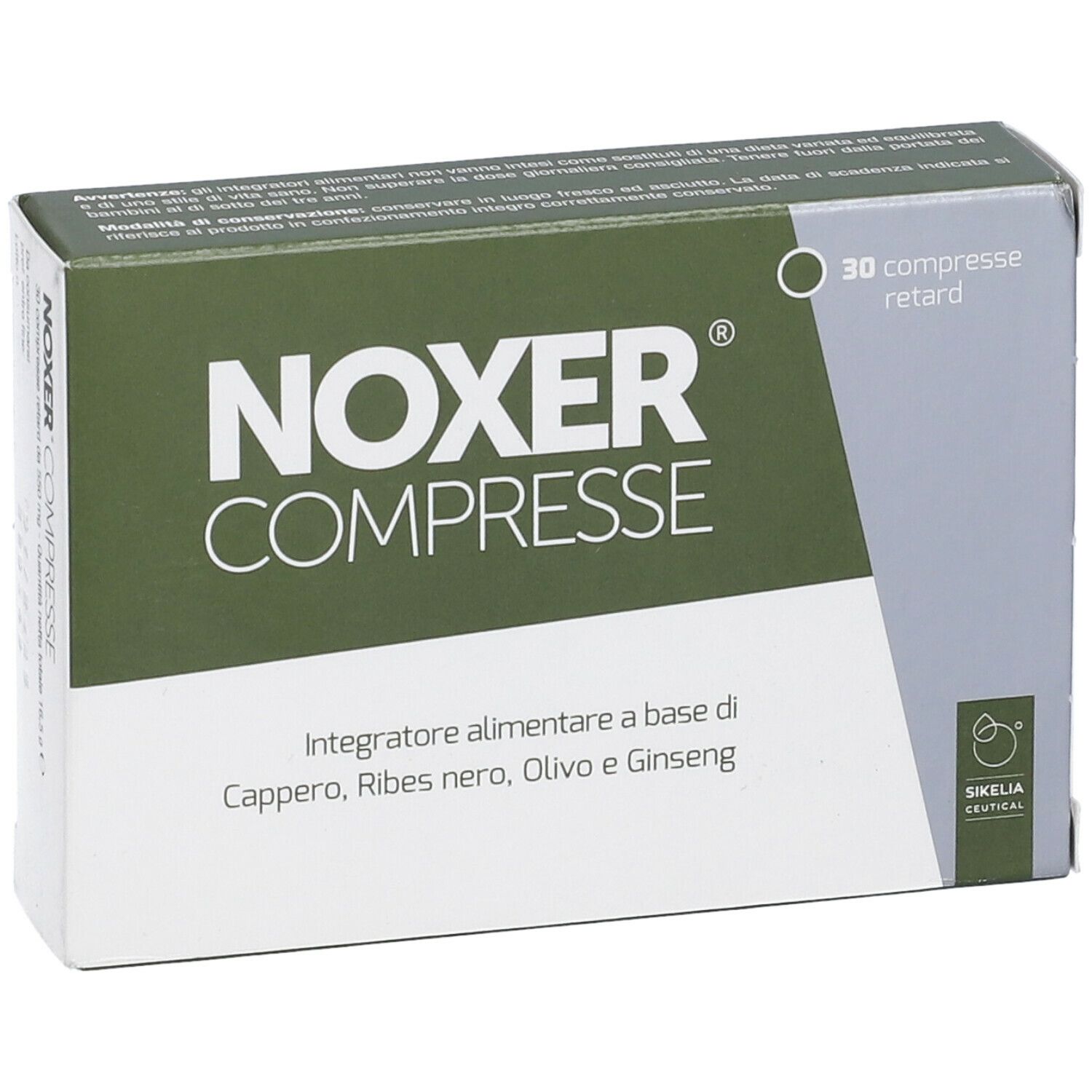 Scatola con scritta NOXER COMPRESSE. Contiene 30 compresse. Scritta: Integratore alimentare.