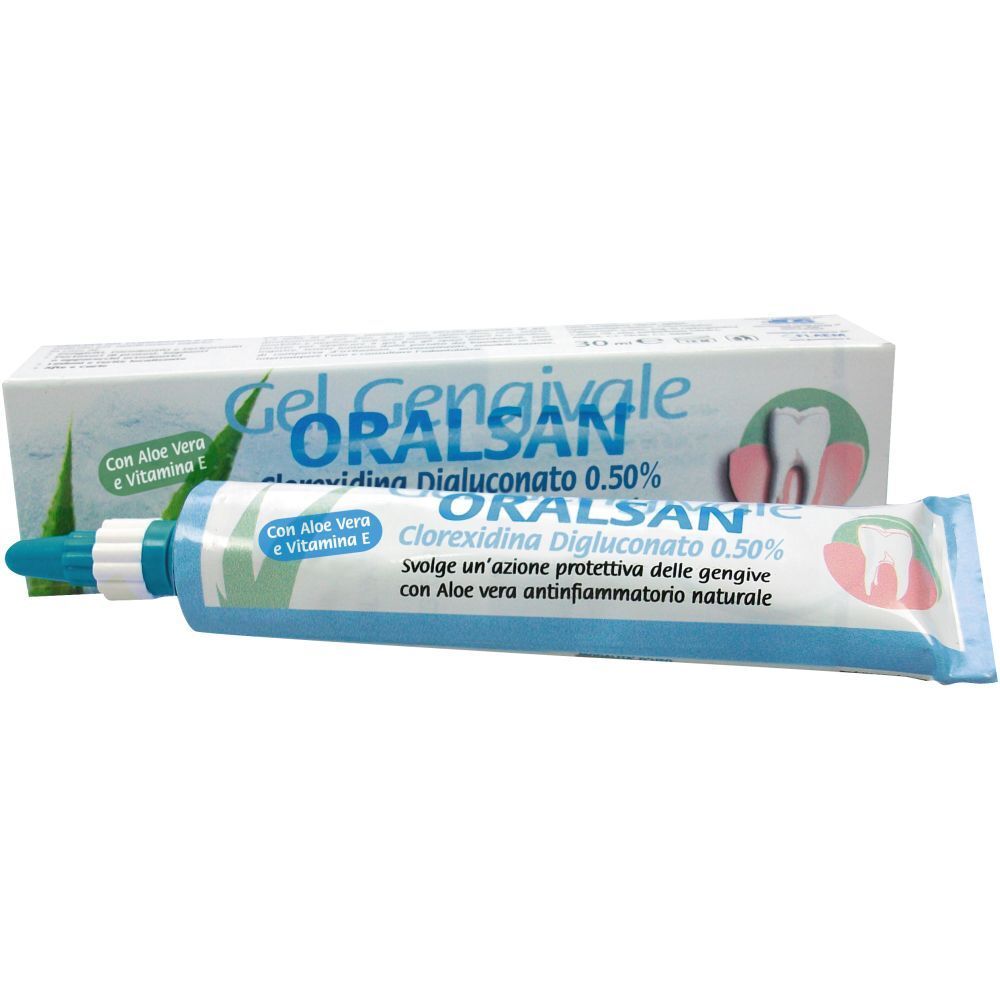 Gel gengivale ORALSAN. Tubo e confezione con informazioni e logo. Contiene Clorexidina Digluconato 0,5%.